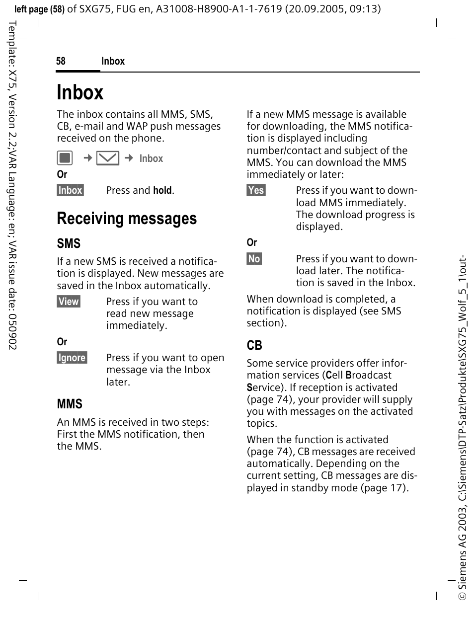 Inbox, Receiving messages | Siemens SXG75 User Manual | Page 59 / 166