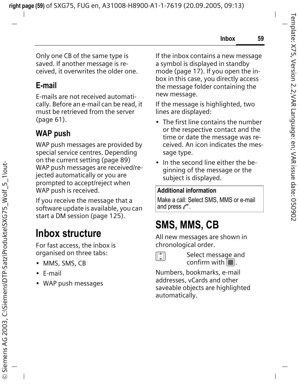Inbox structure, Sms, mms, cb, E-mail | Wap push | Siemens SXG75 User Manual | Page 60 / 166