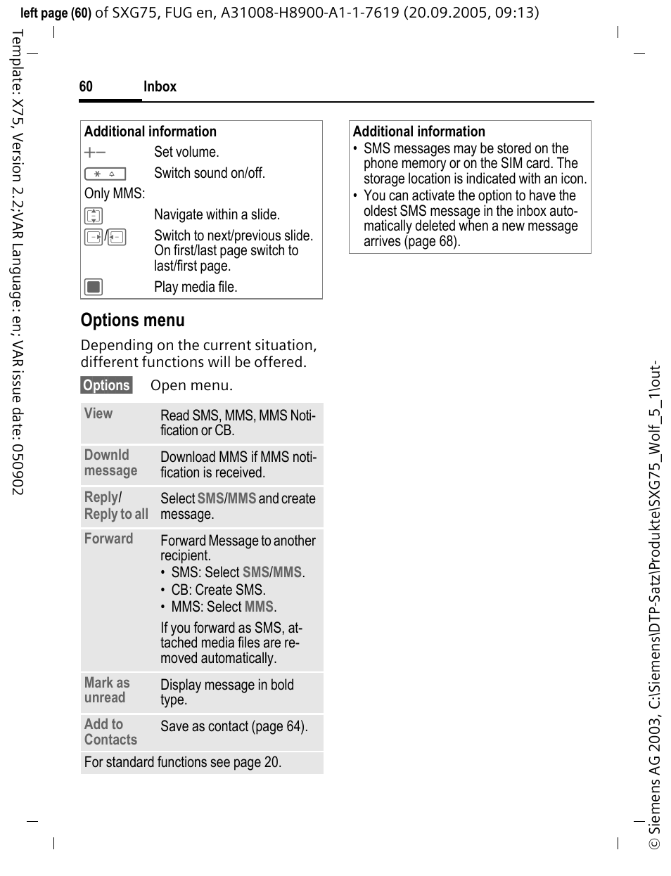 Options menu | Siemens SXG75 User Manual | Page 61 / 166