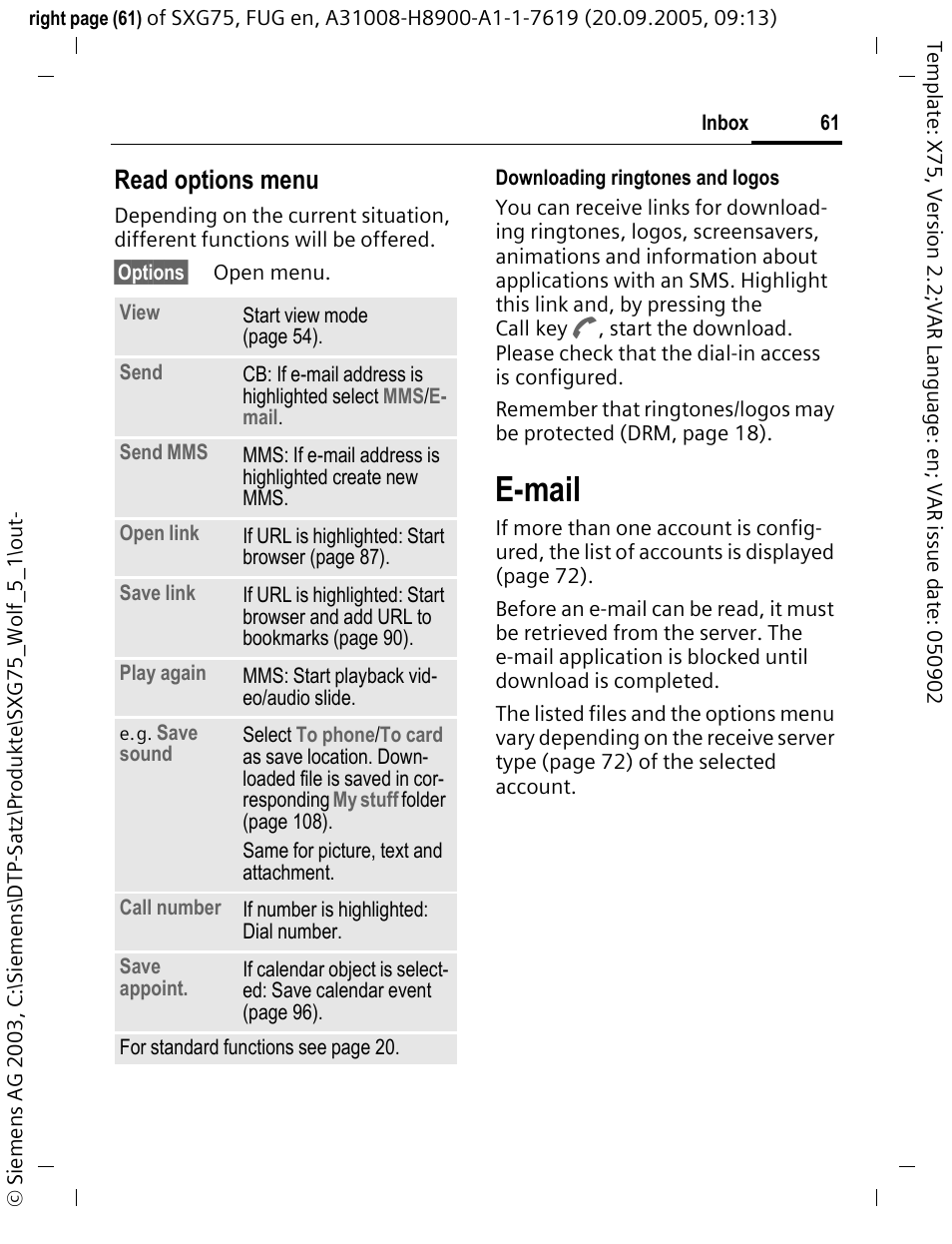 E-mail, Read options menu | Siemens SXG75 User Manual | Page 62 / 166