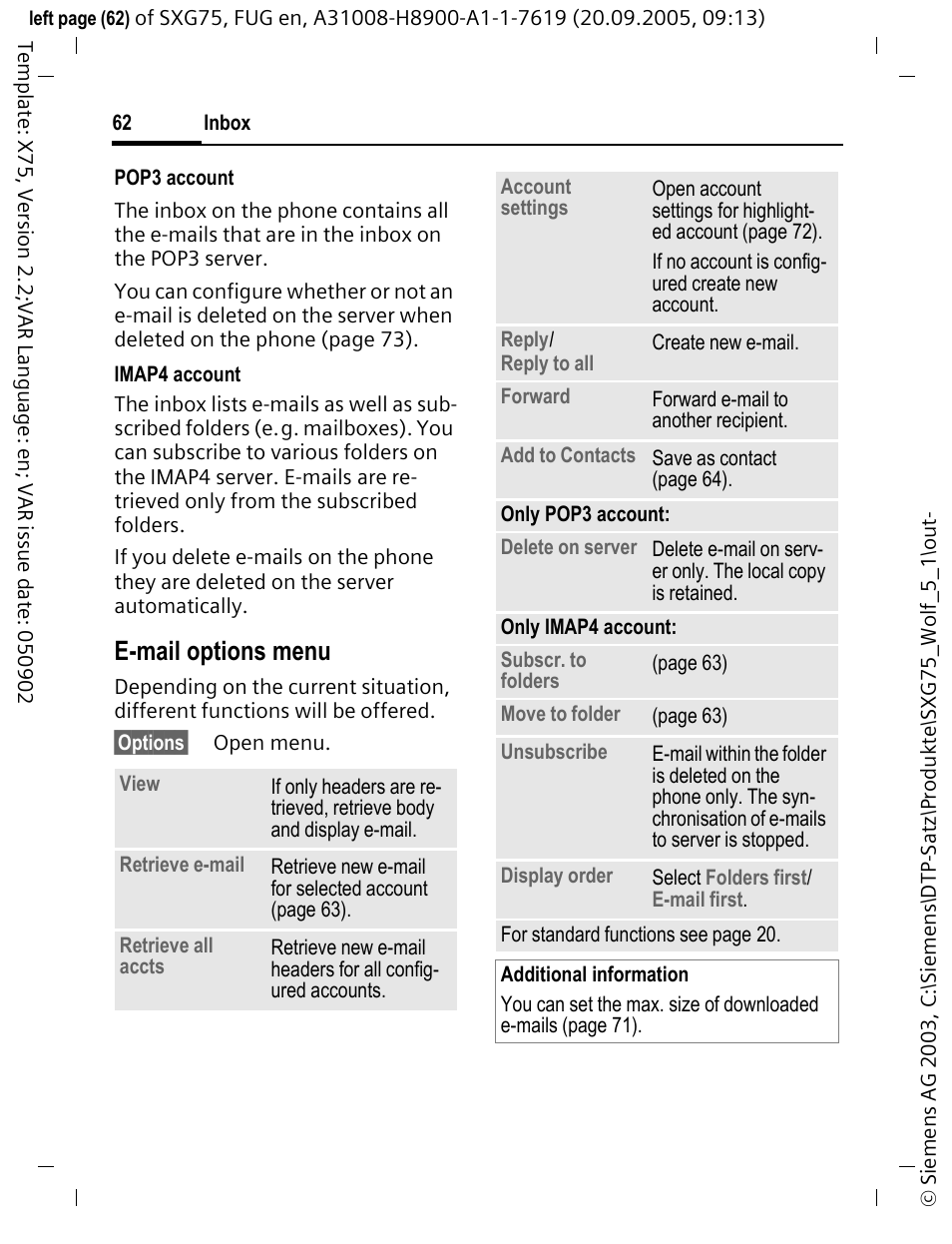 E-mail options menu | Siemens SXG75 User Manual | Page 63 / 166