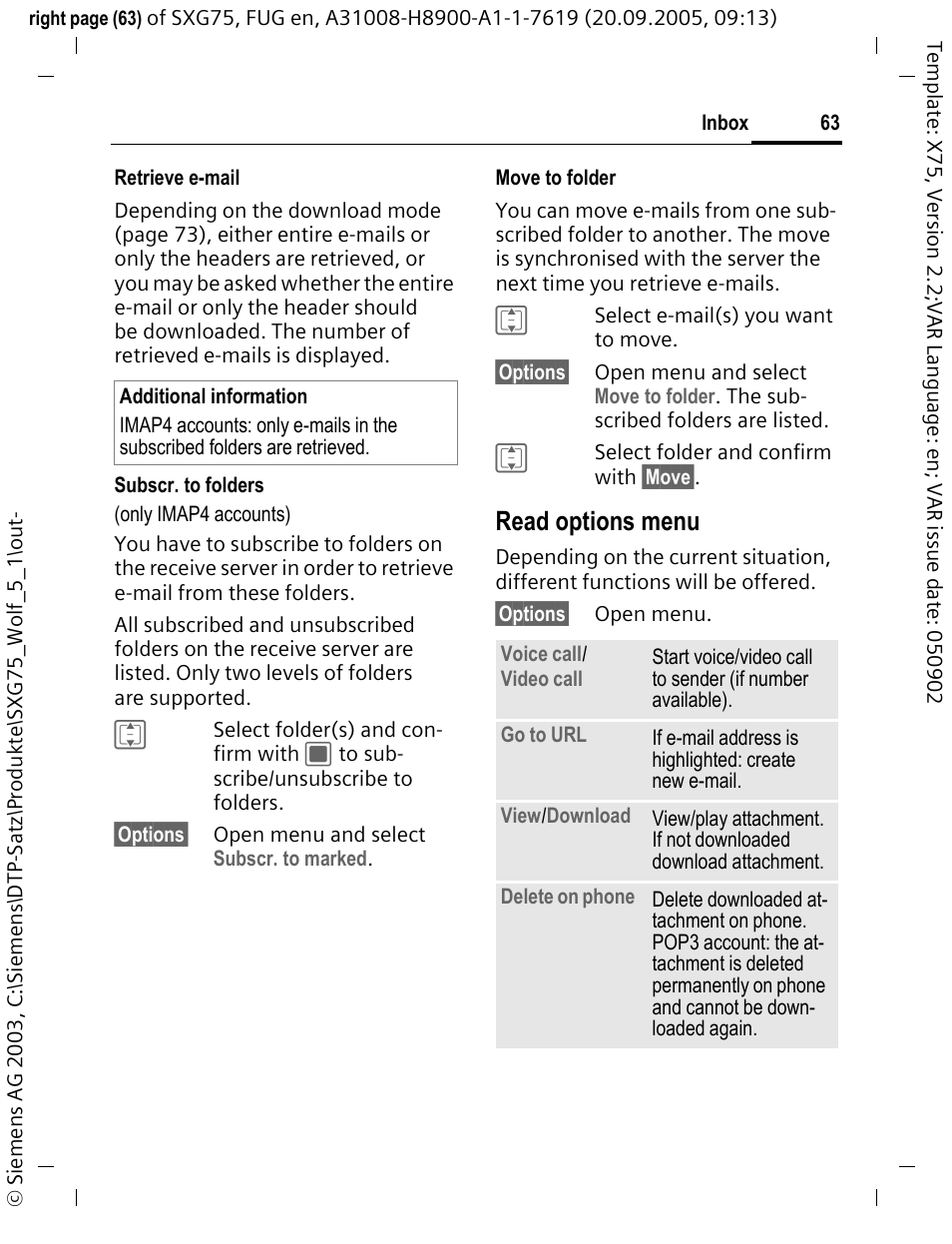 Read options menu | Siemens SXG75 User Manual | Page 64 / 166
