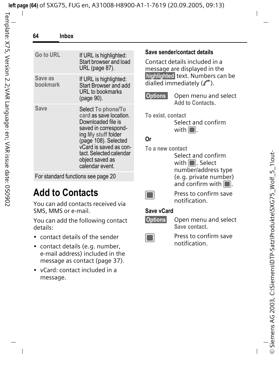 Add to contacts | Siemens SXG75 User Manual | Page 65 / 166