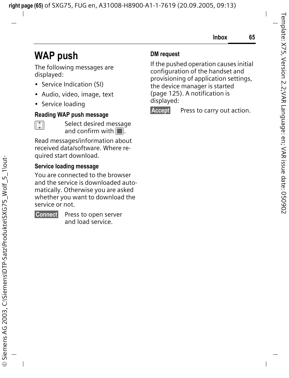 Wap push | Siemens SXG75 User Manual | Page 66 / 166