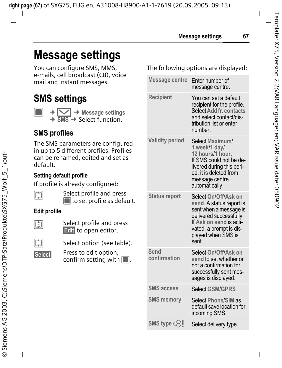 Message settings, Sms settings, Sms profiles | Siemens SXG75 User Manual | Page 68 / 166