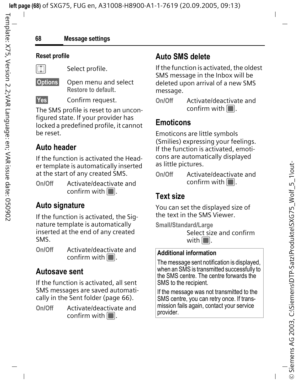 Auto header, Auto signature, Autosave sent | Auto sms delete, Emoticons, Text size | Siemens SXG75 User Manual | Page 69 / 166