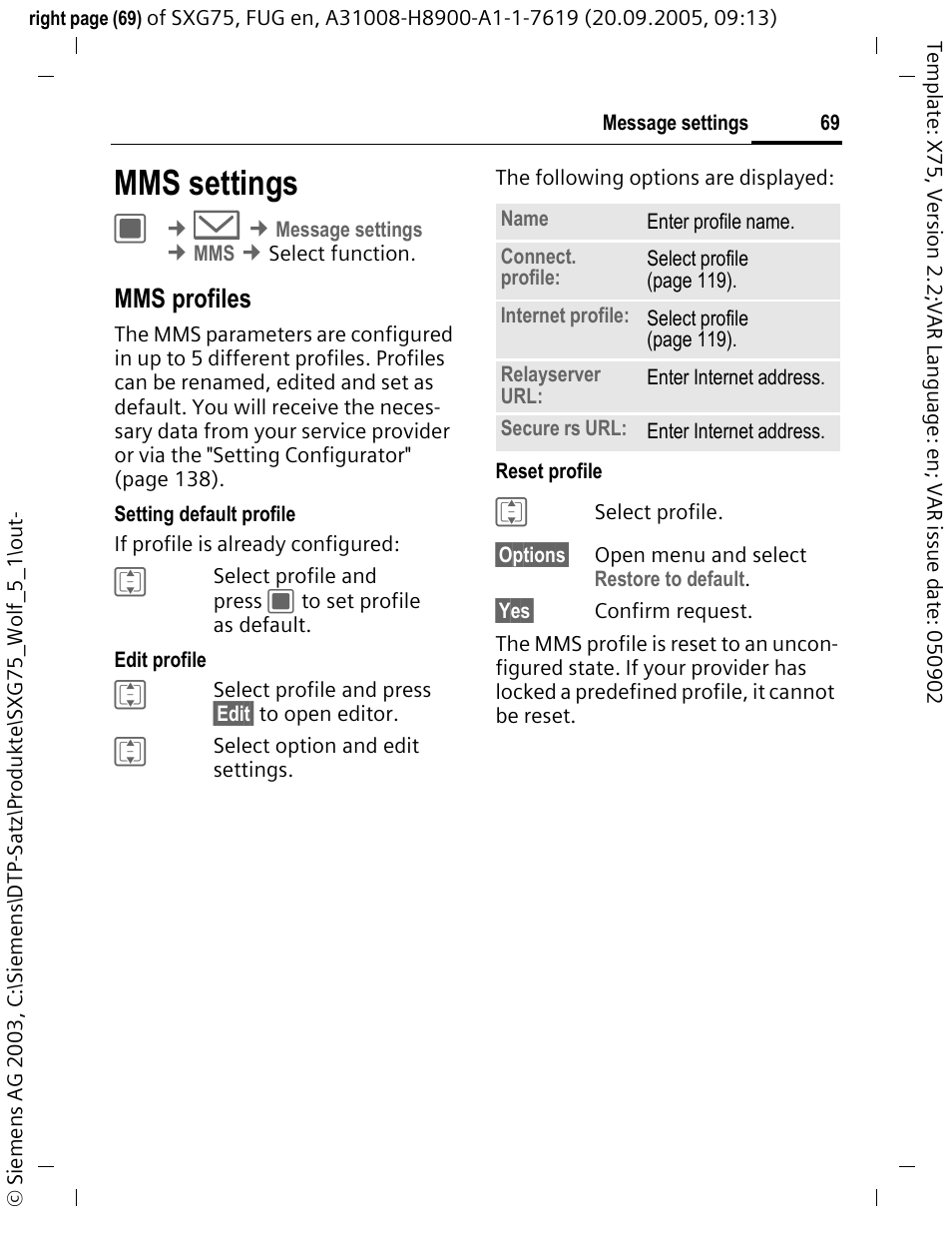 Mms settings, Mms profiles | Siemens SXG75 User Manual | Page 70 / 166