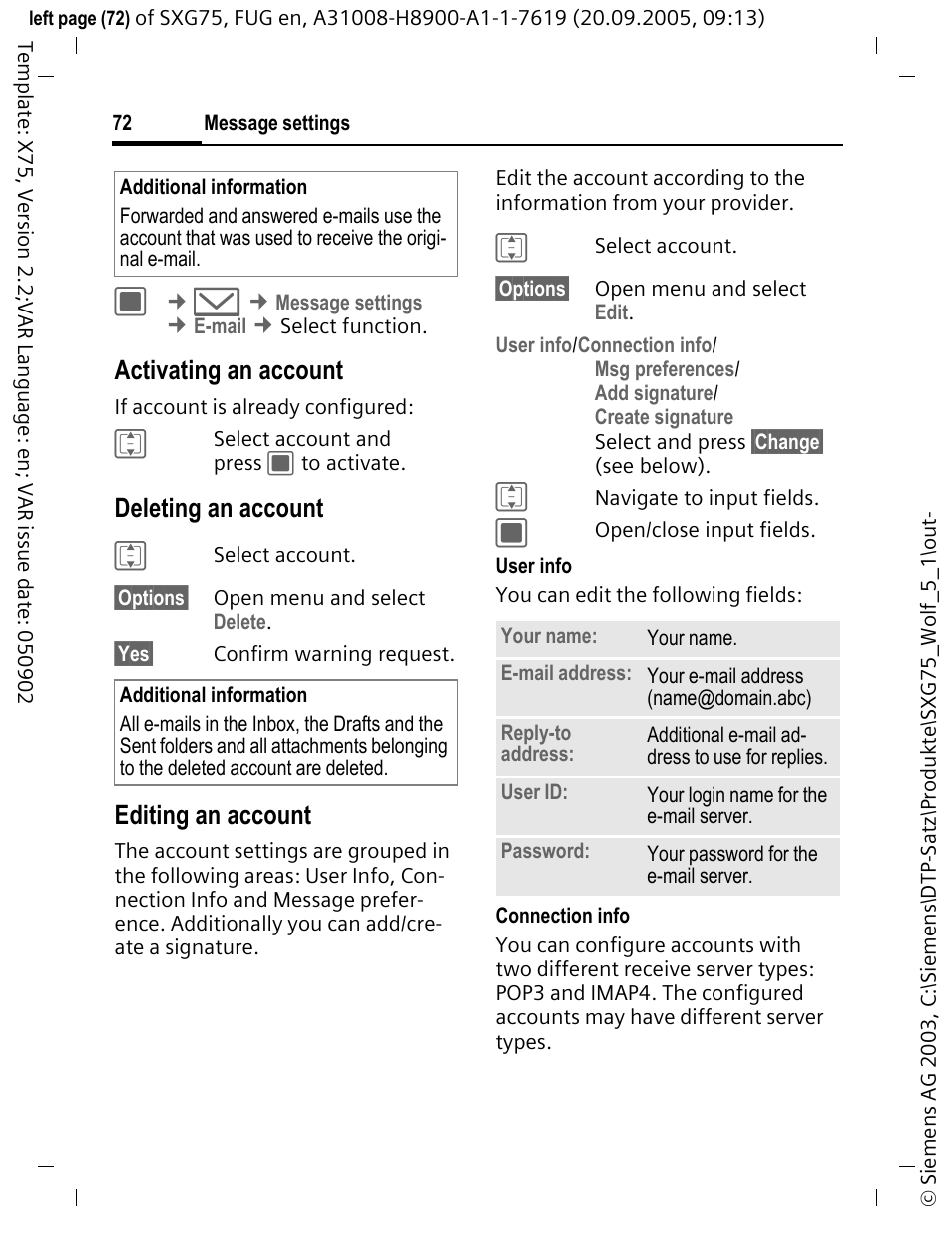 Activating an account, Deleting an account, Editing an account | Siemens SXG75 User Manual | Page 73 / 166