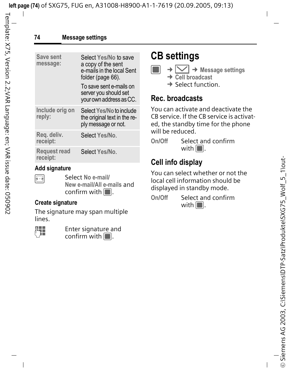 Cb settings, Rec. broadcasts, Cell info display | Siemens SXG75 User Manual | Page 75 / 166