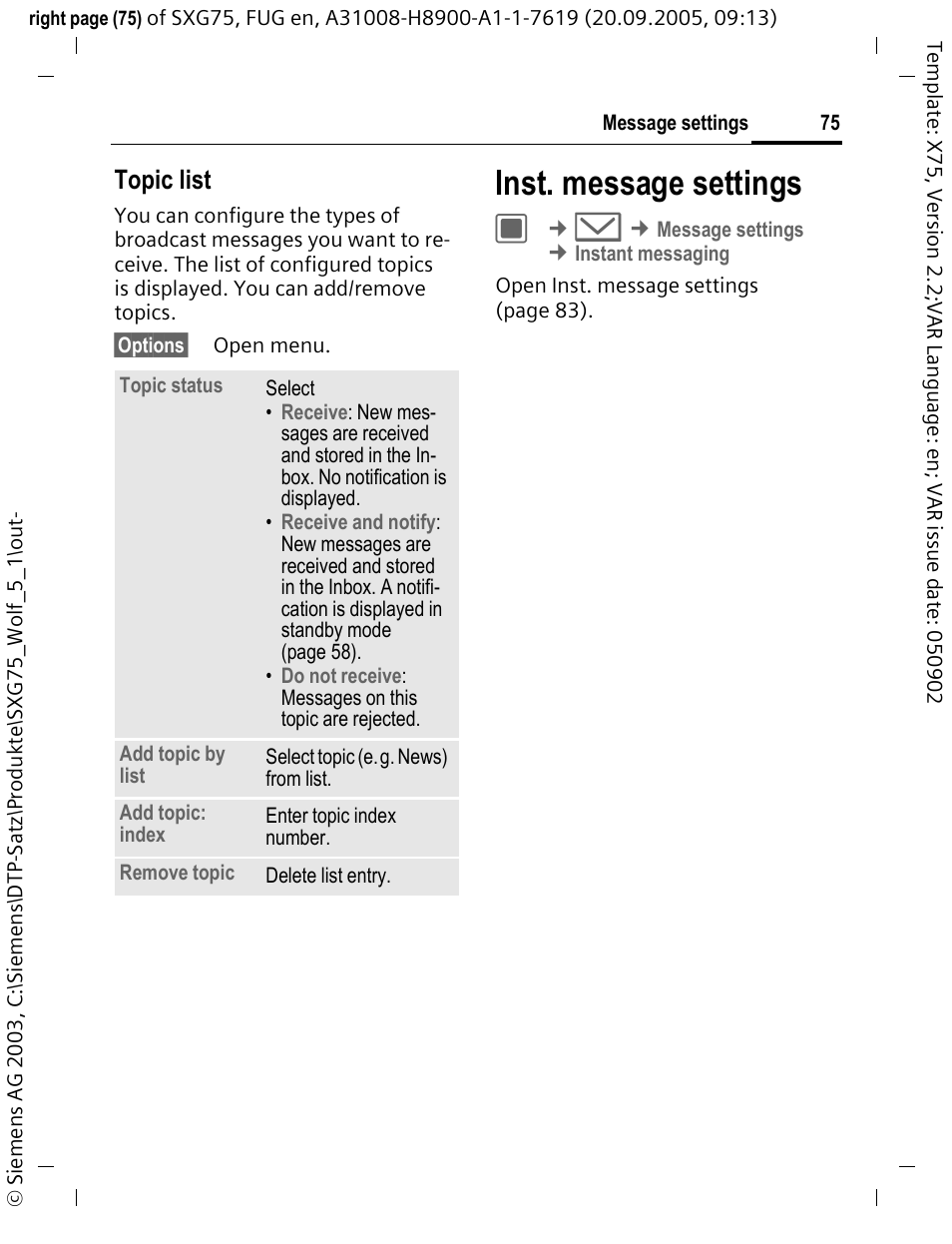 Inst. message settings, Topic list | Siemens SXG75 User Manual | Page 76 / 166