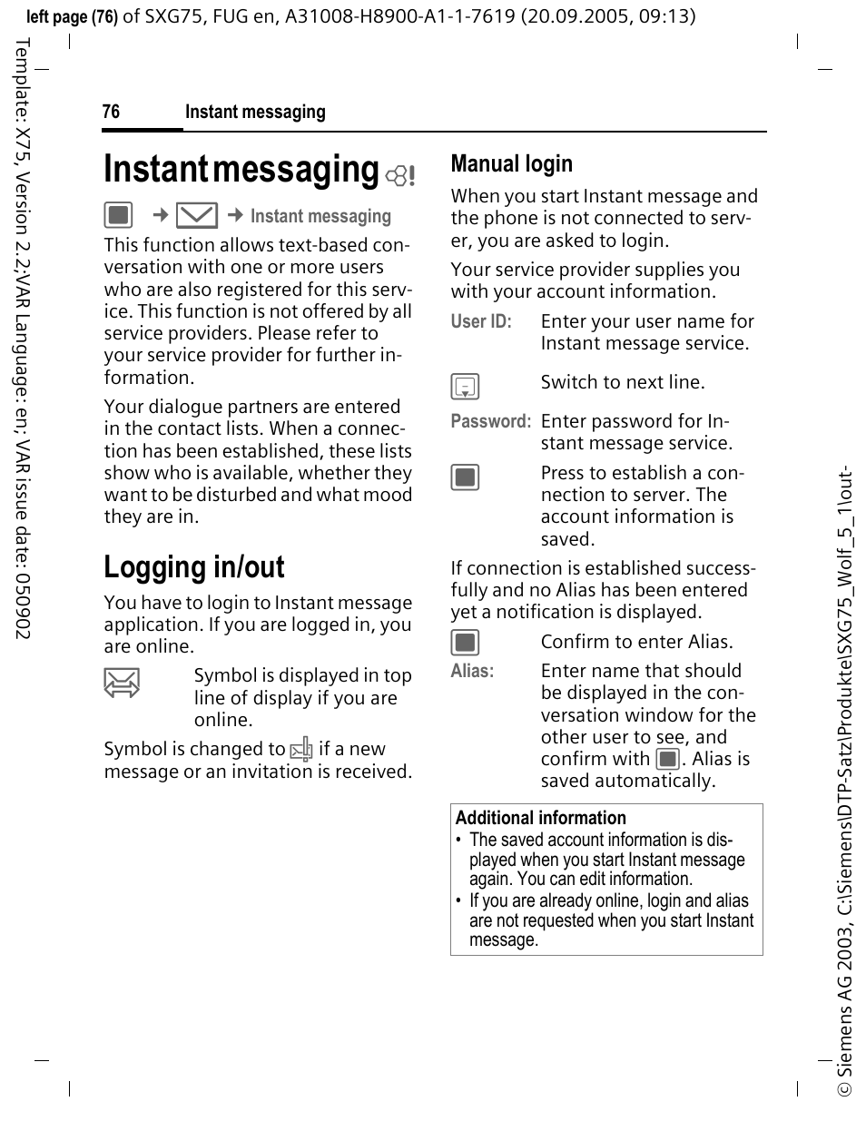 Instant messaging b, Logging in/out, Instant messaging | Manual login | Siemens SXG75 User Manual | Page 77 / 166