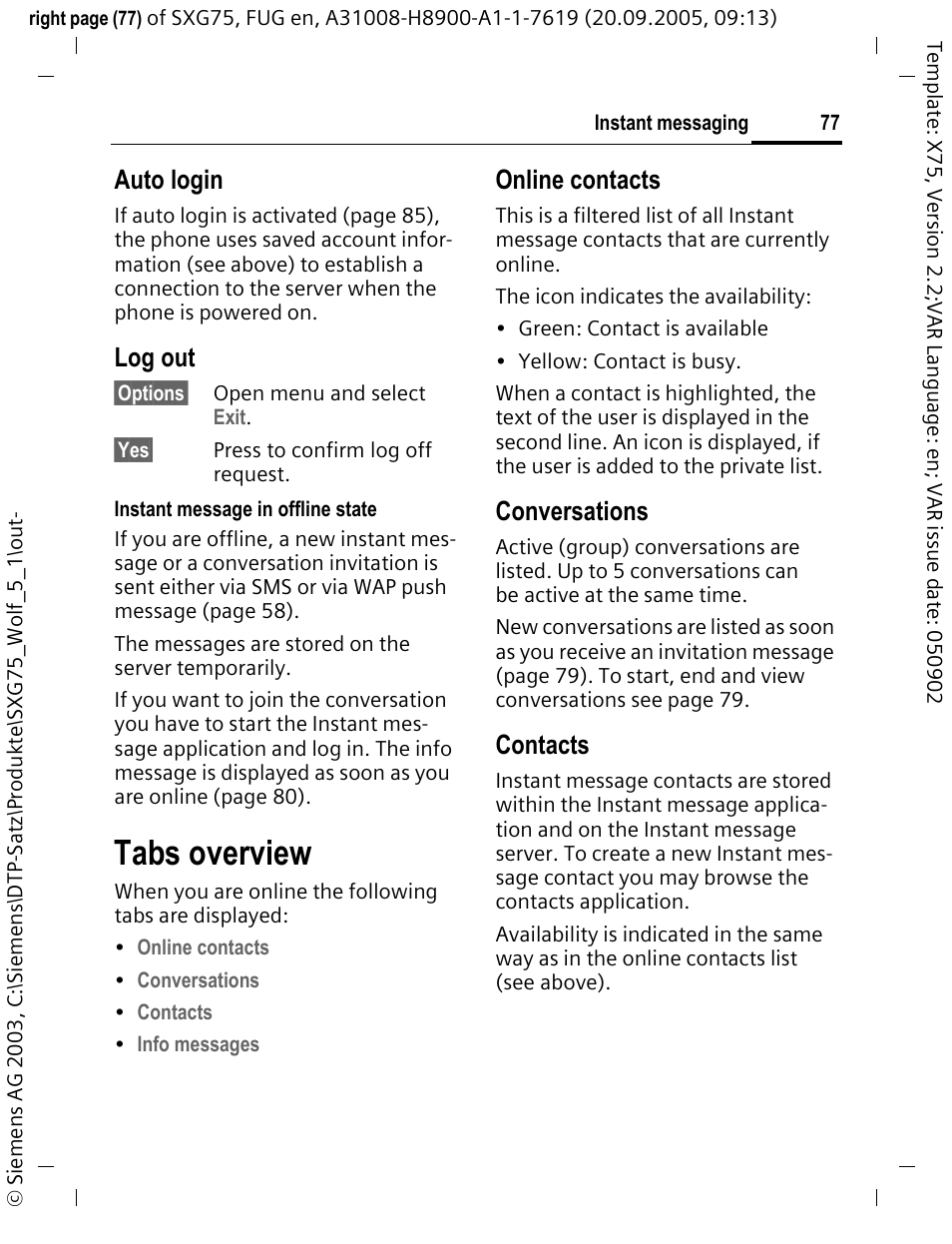 Tabs overview, Auto login, Log out | Online contacts, Conversations, Contacts | Siemens SXG75 User Manual | Page 78 / 166