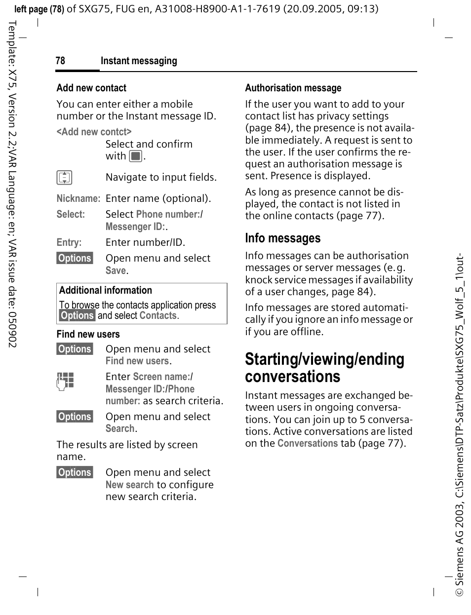 Starting/viewing/ending conversations, Starting/viewing, Ending conversations | Info messages | Siemens SXG75 User Manual | Page 79 / 166
