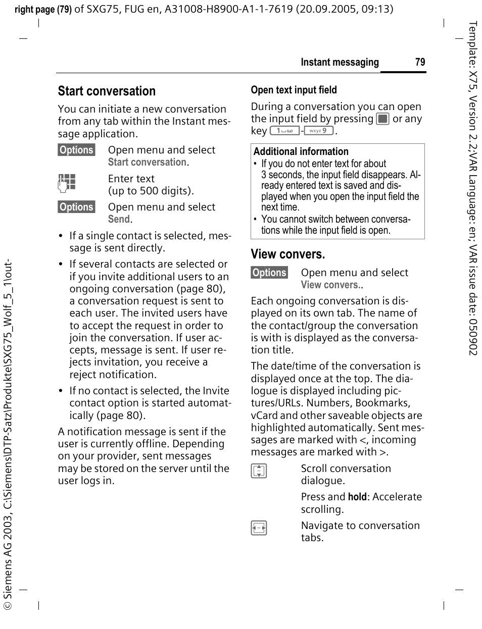 Start conversation, View convers | Siemens SXG75 User Manual | Page 80 / 166