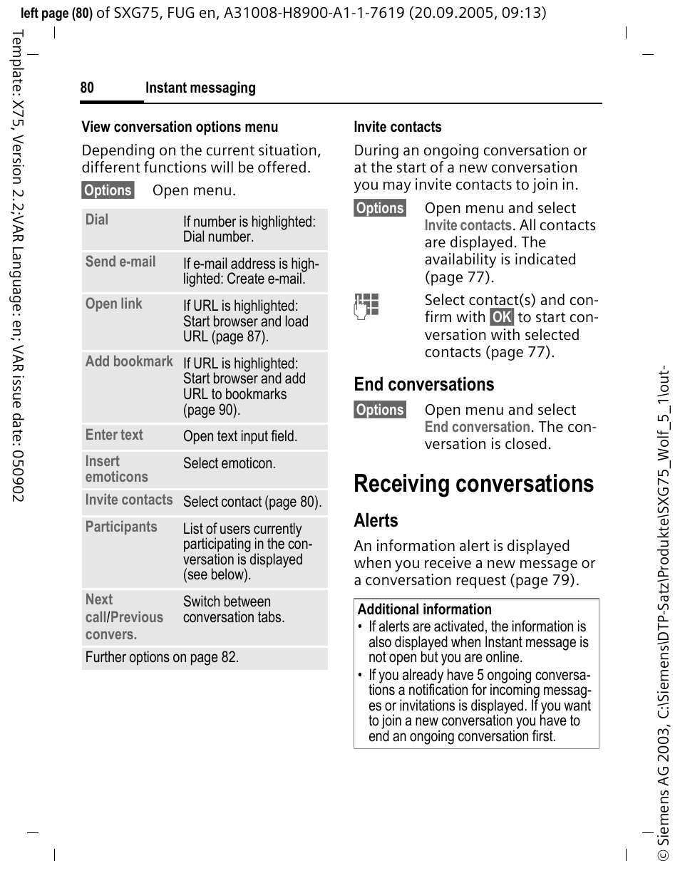Receiving conversations, End conversations, Alerts | Siemens SXG75 User Manual | Page 81 / 166
