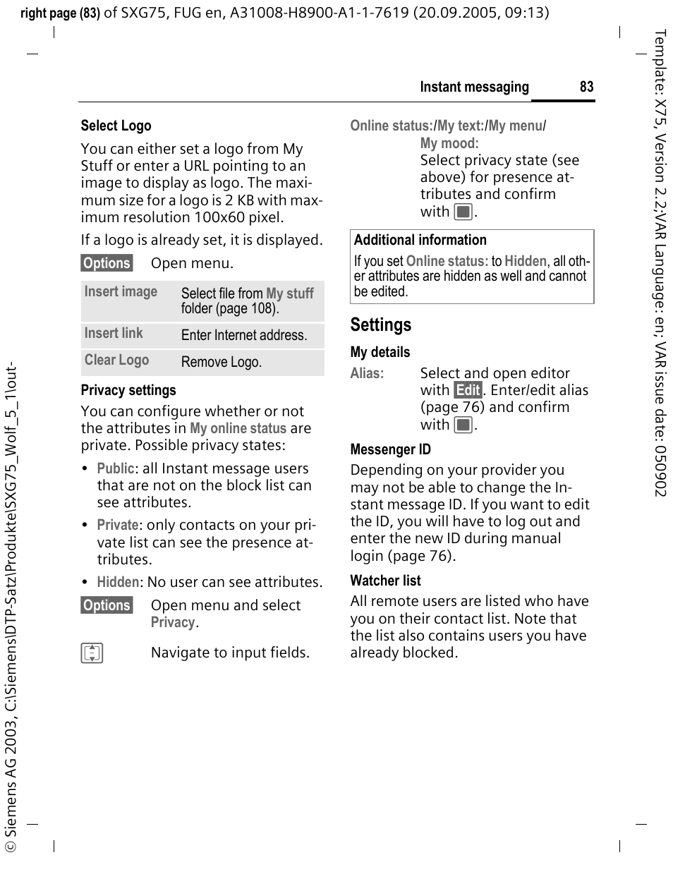 Settings | Siemens SXG75 User Manual | Page 84 / 166