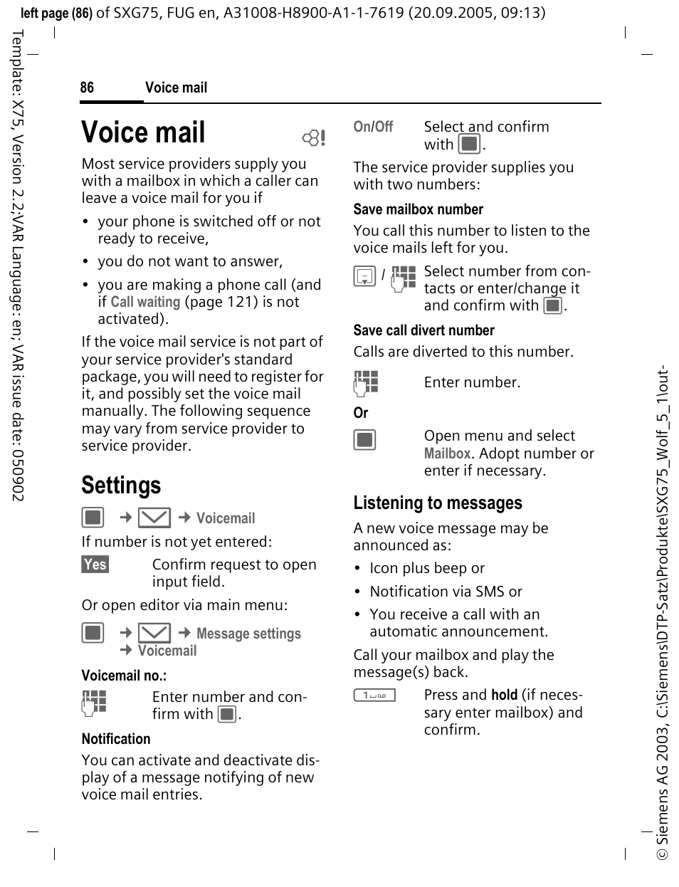 Voice mail b, Settings, Voice mail | Siemens SXG75 User Manual | Page 87 / 166