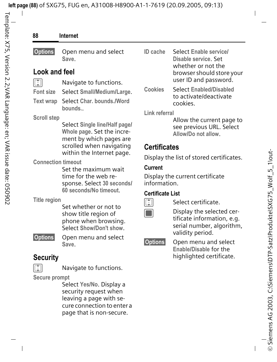 Look and feel, Security, Certificates | Siemens SXG75 User Manual | Page 89 / 166