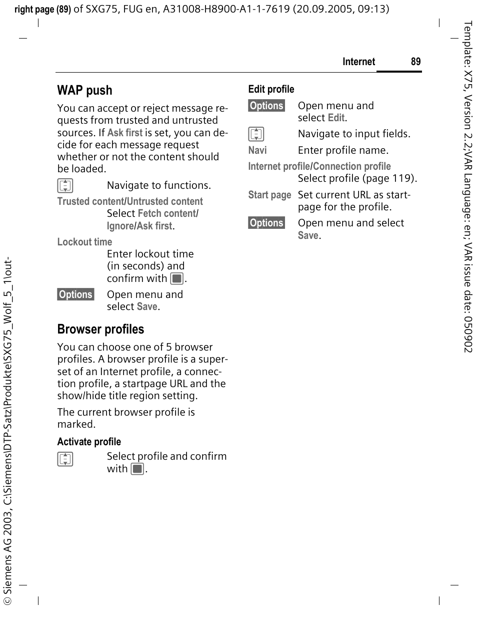 Wap push, Browser profiles | Siemens SXG75 User Manual | Page 90 / 166