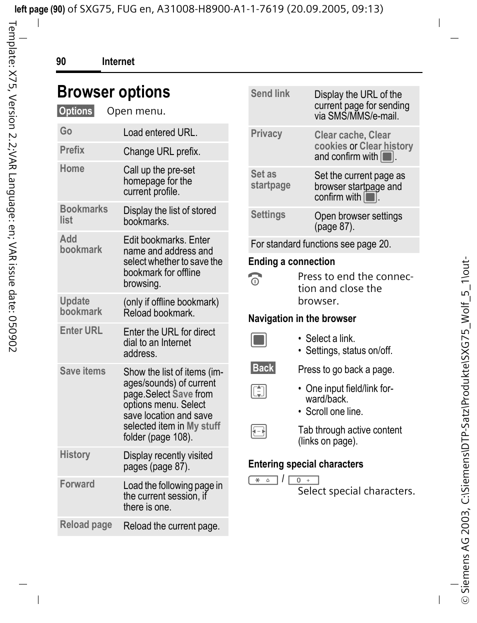 Browser options | Siemens SXG75 User Manual | Page 91 / 166