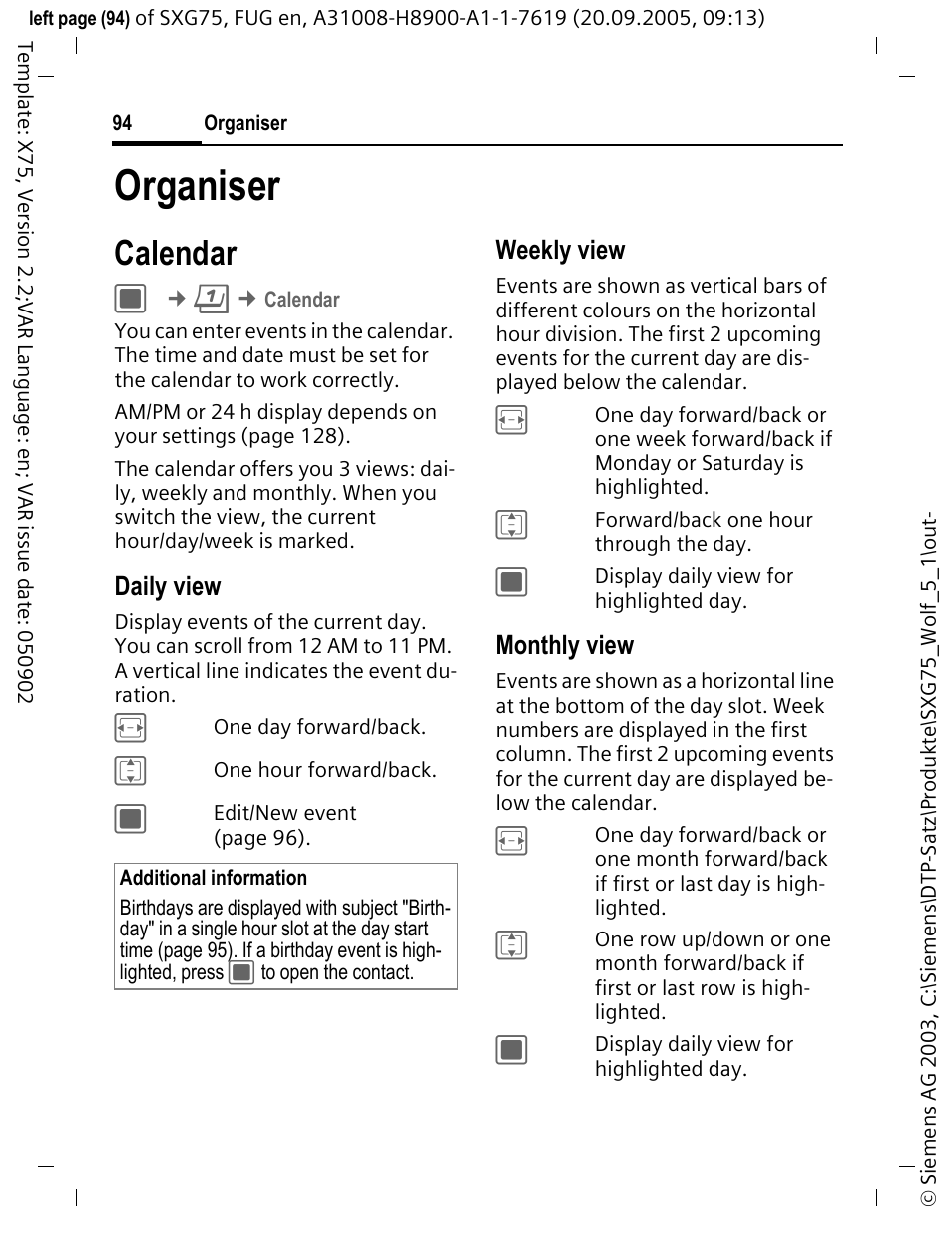 Organiser, Calendar | Siemens SXG75 User Manual | Page 95 / 166
