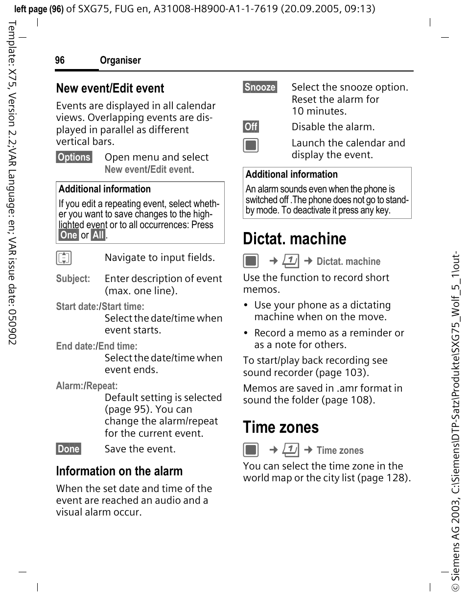 Dictat. machine, Time zones, New event/edit event | Information on the alarm | Siemens SXG75 User Manual | Page 97 / 166