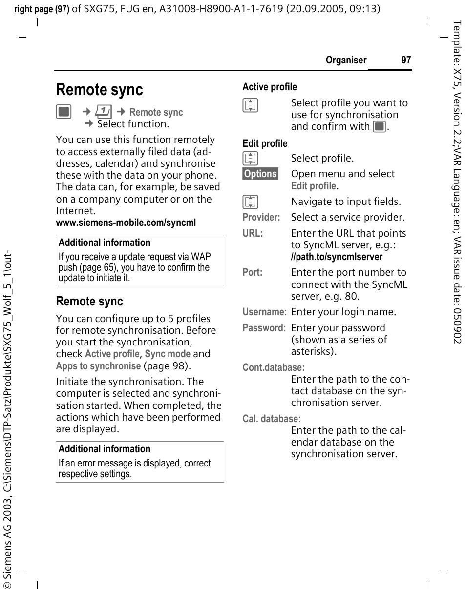 Remote sync | Siemens SXG75 User Manual | Page 98 / 166