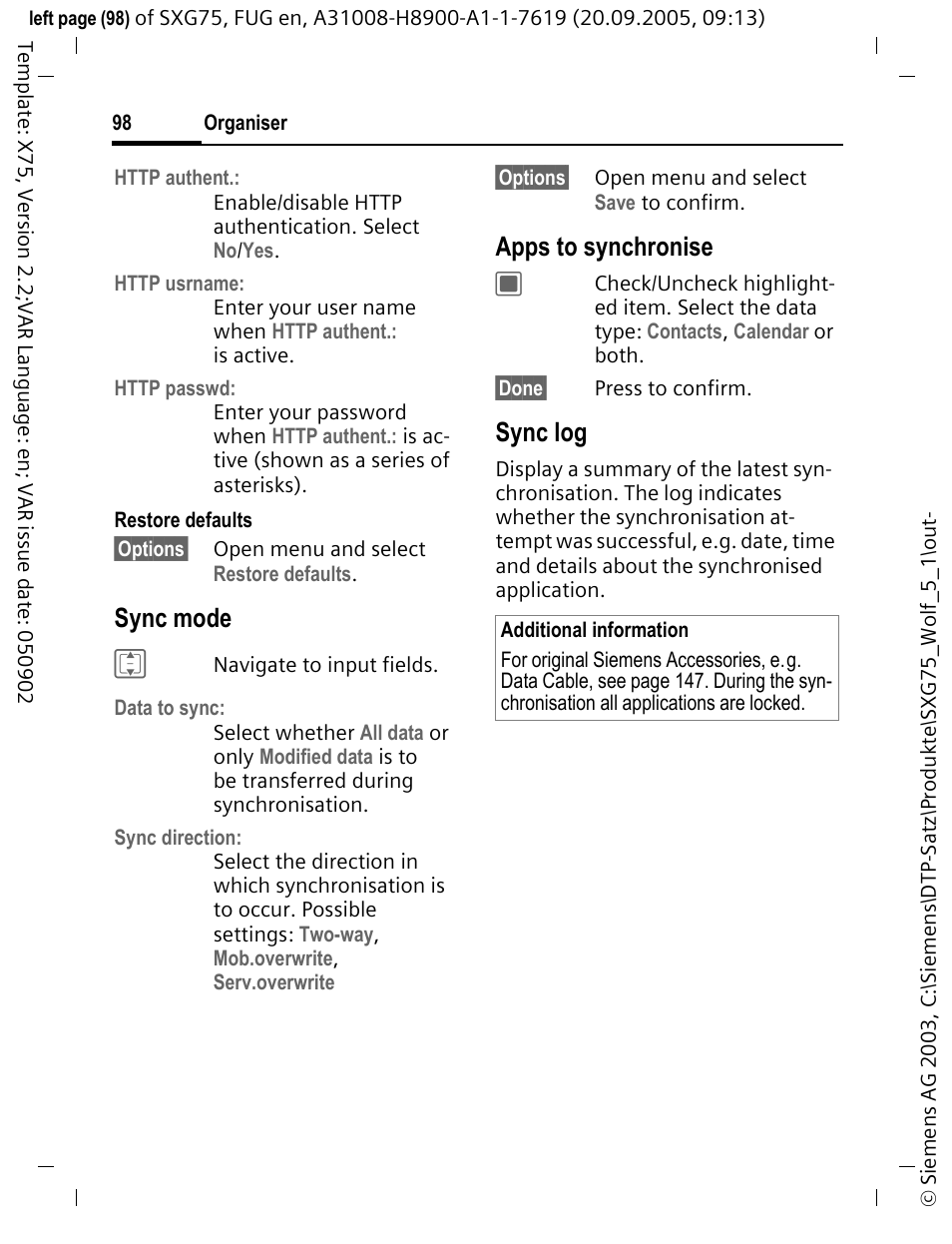 Sync mode, Apps to synchronise c, Sync log | Siemens SXG75 User Manual | Page 99 / 166