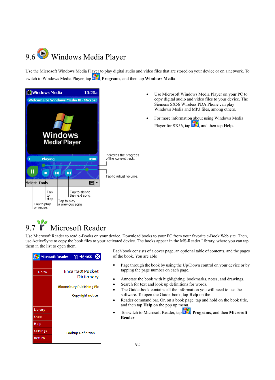 6 windows media player, 7 microsoft reader | Siemens SX56 User Manual | Page 104 / 138