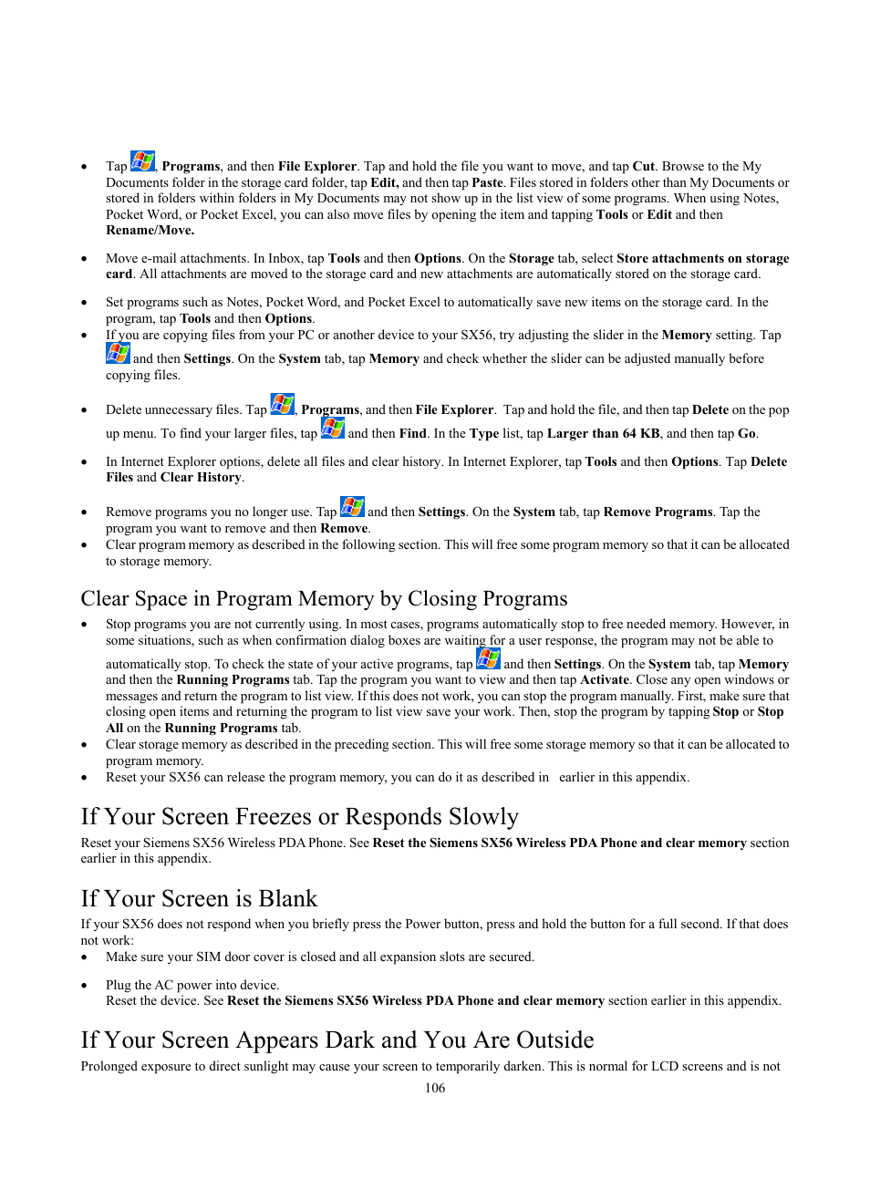 If your screen freezes or responds slowly, If your screen is blank, If your screen appears dark and you are outside | Siemens SX56 User Manual | Page 118 / 138