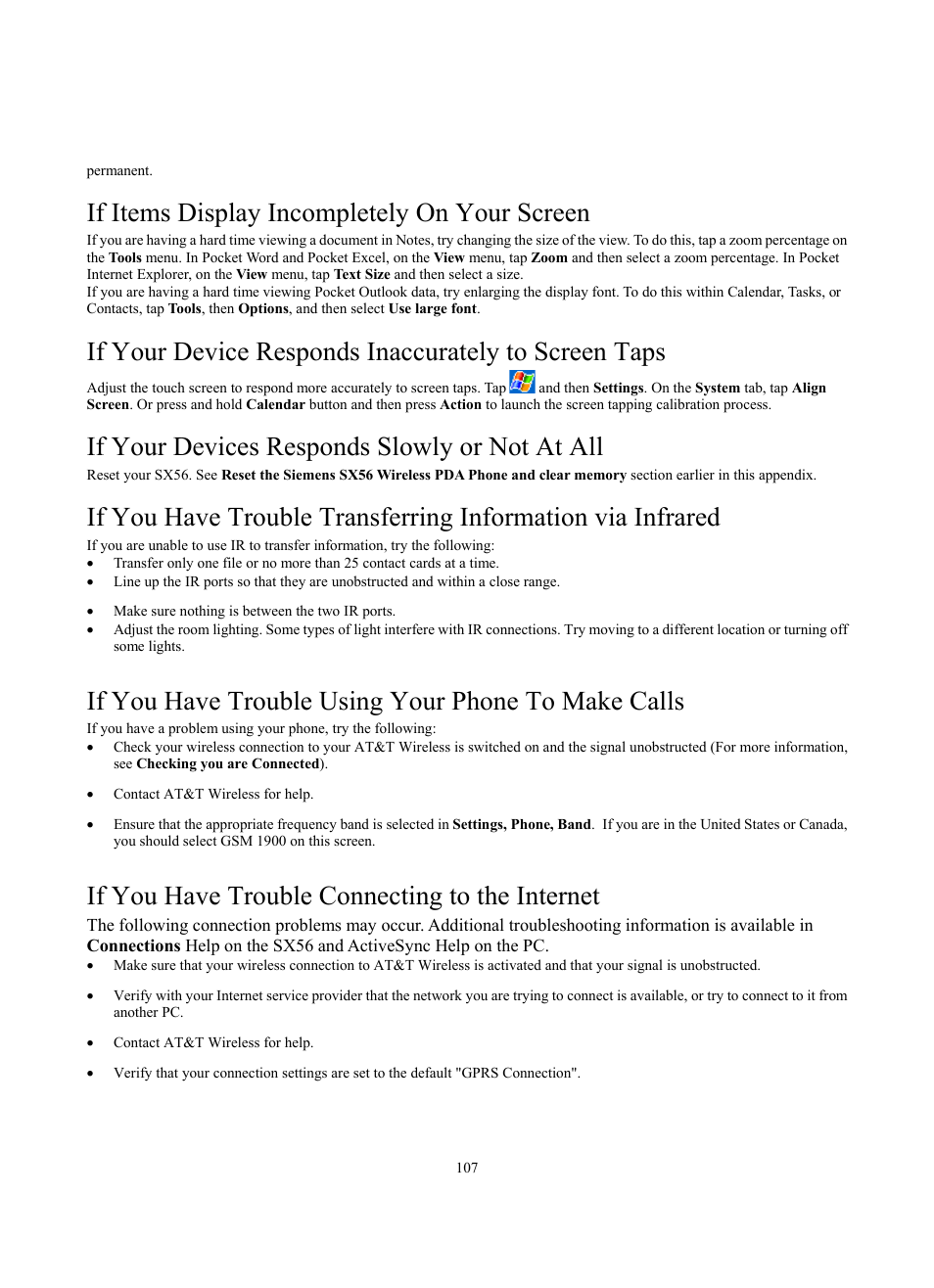 If items display incompletely on your screen, If your devices responds slowly or not at all, If you have trouble using your phone to make calls | If you have trouble connecting to the internet | Siemens SX56 User Manual | Page 119 / 138