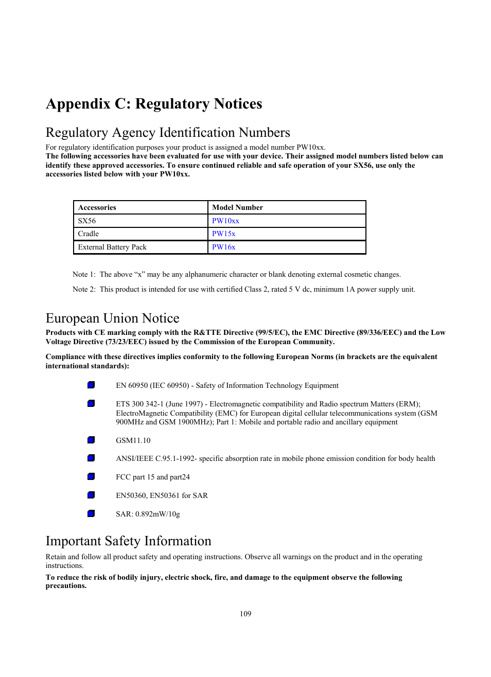 Appendix c: regulatory notices, Regulatory agency identification numbers, European union notice | Important safety information | Siemens SX56 User Manual | Page 121 / 138