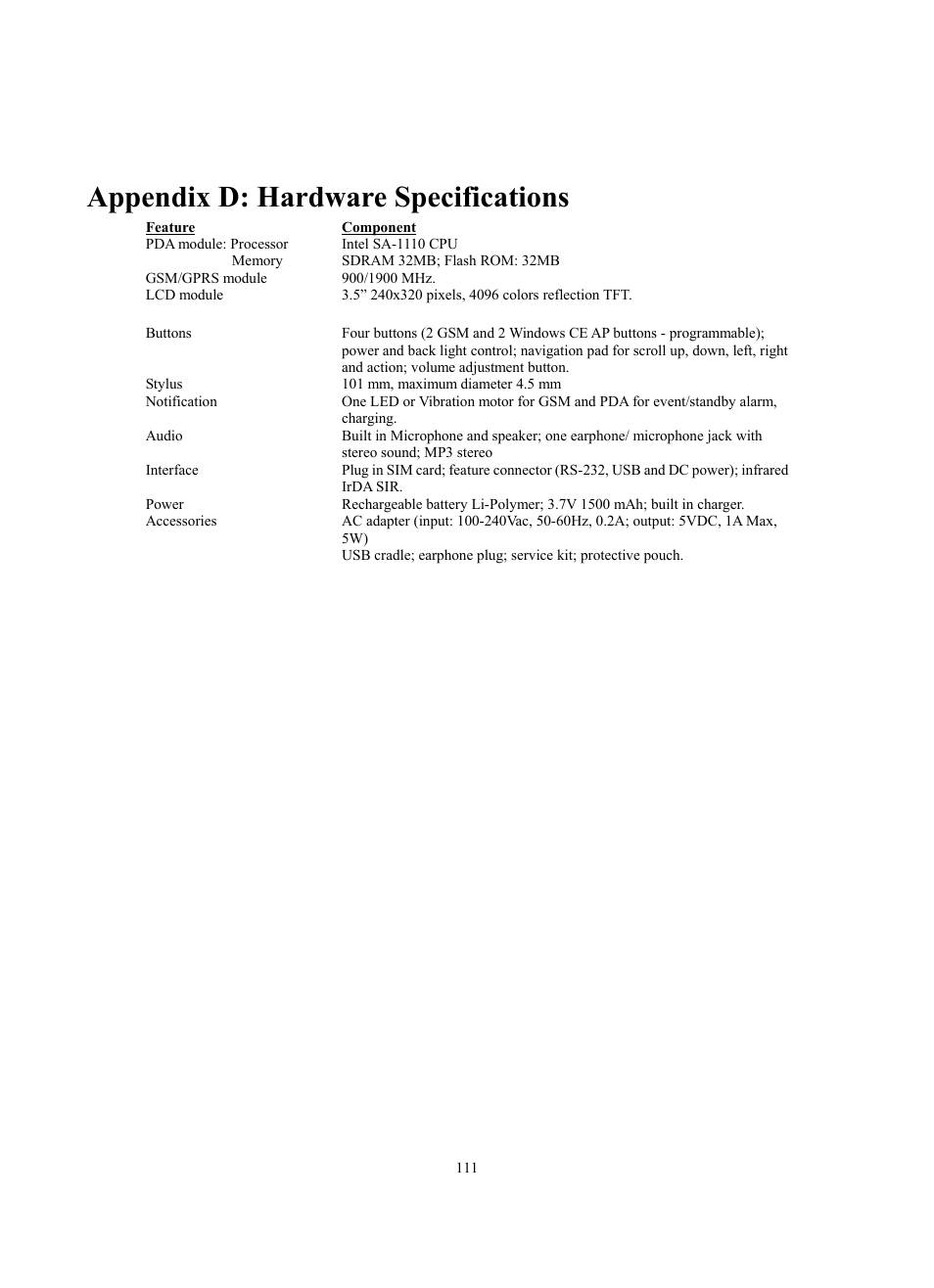 Appendix d: hardware specifications | Siemens SX56 User Manual | Page 123 / 138
