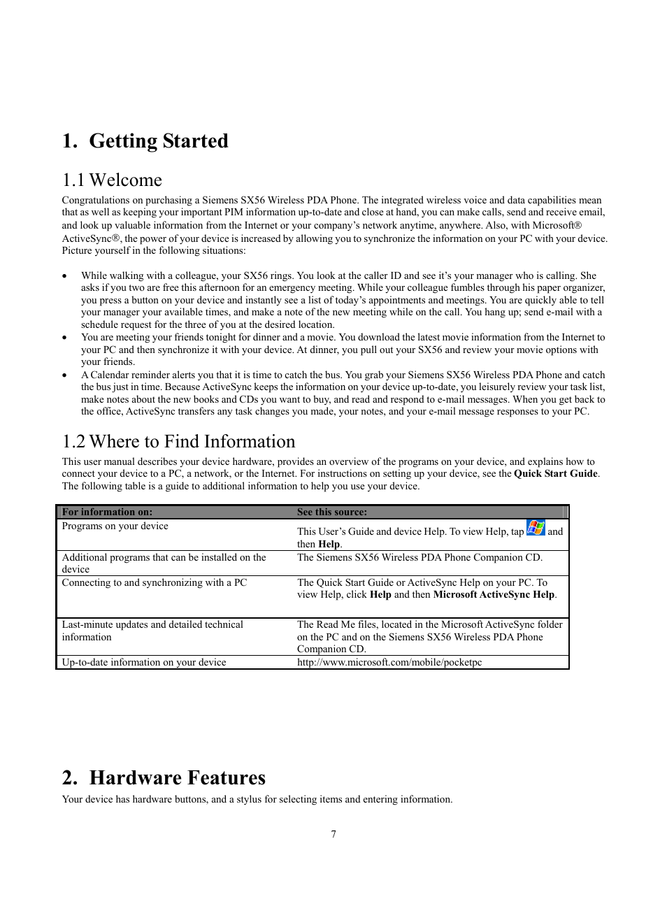 Getting started, Hardware features, 1 welcome | 2 where to find information | Siemens SX56 User Manual | Page 19 / 138