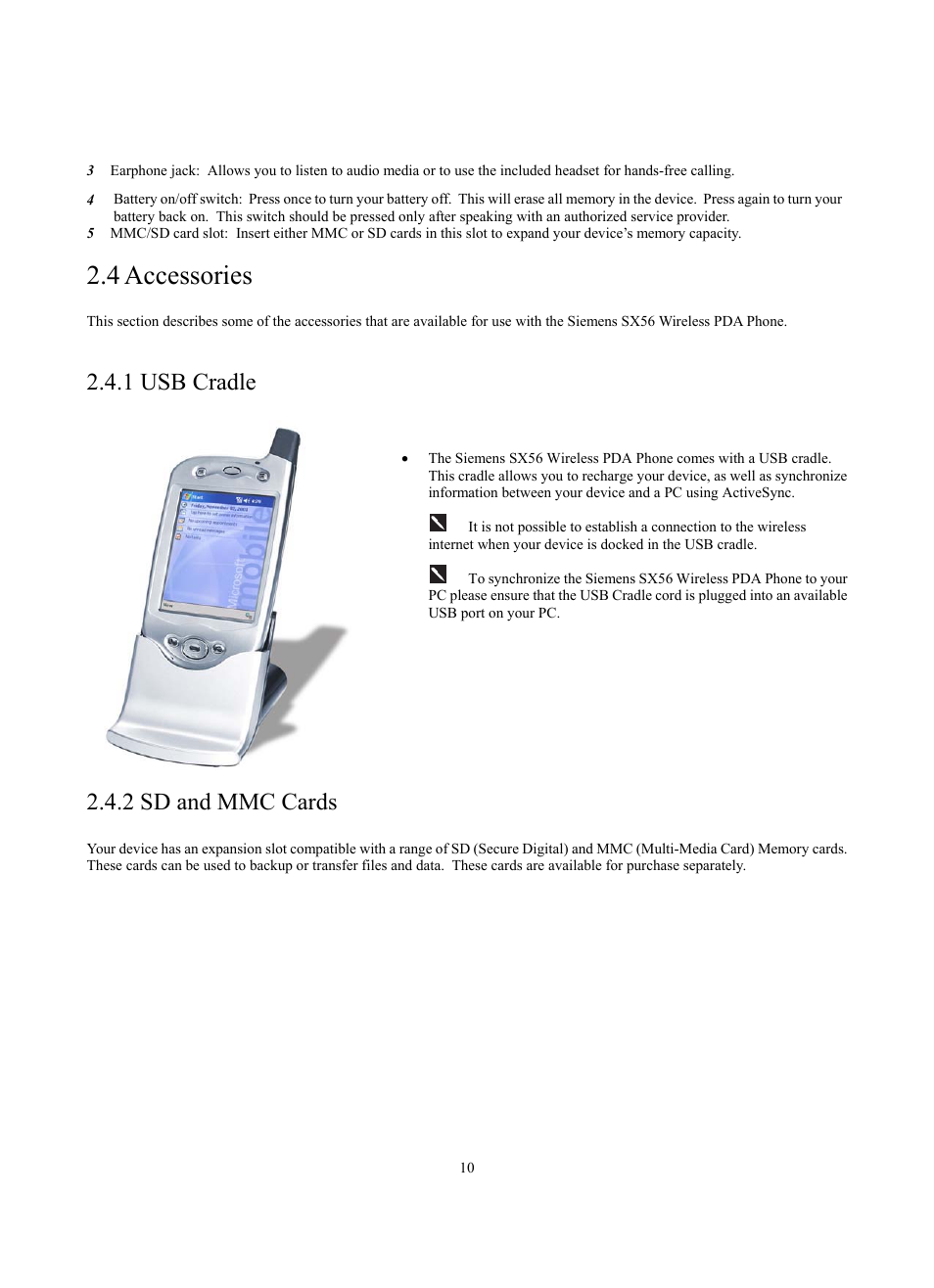 4 accessories, 1 usb cradle, 2 sd and mmc cards | Siemens SX56 User Manual | Page 22 / 138