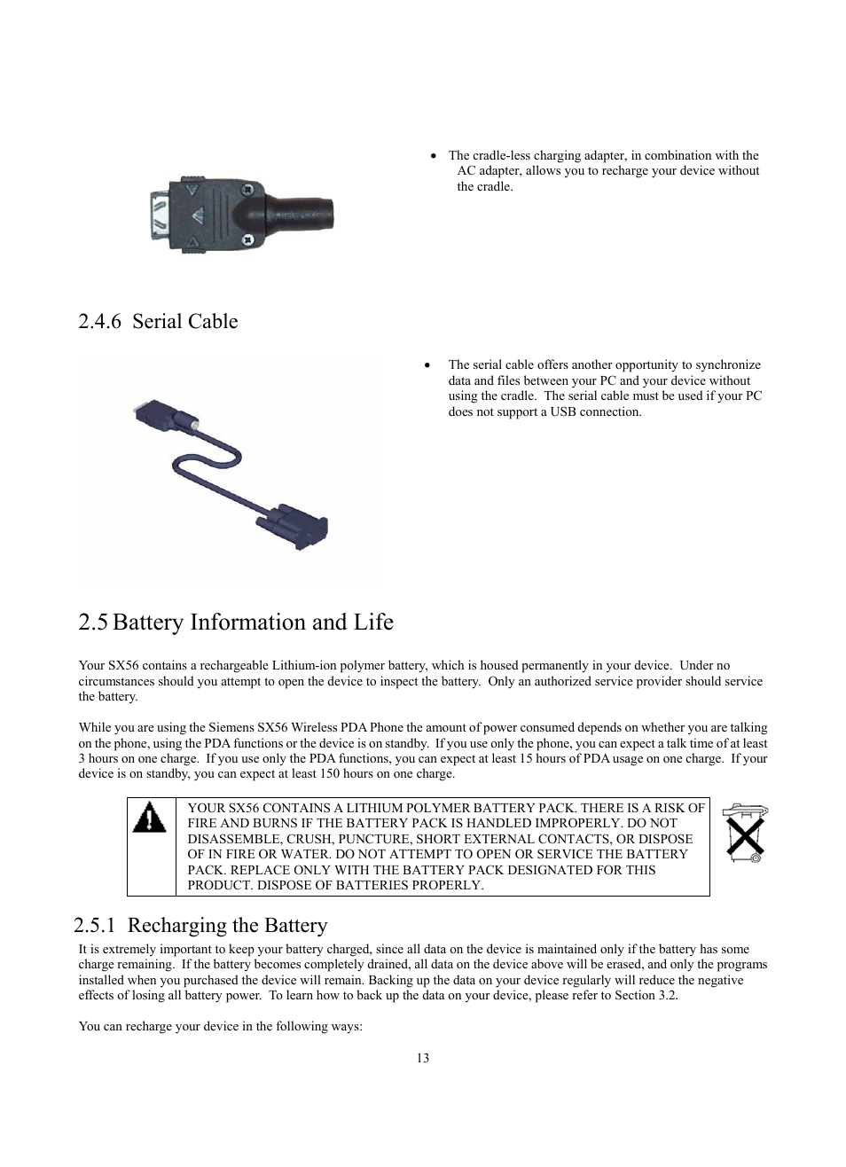 5 battery information and life, 6 serial cable, 1 recharging the battery | Siemens SX56 User Manual | Page 25 / 138