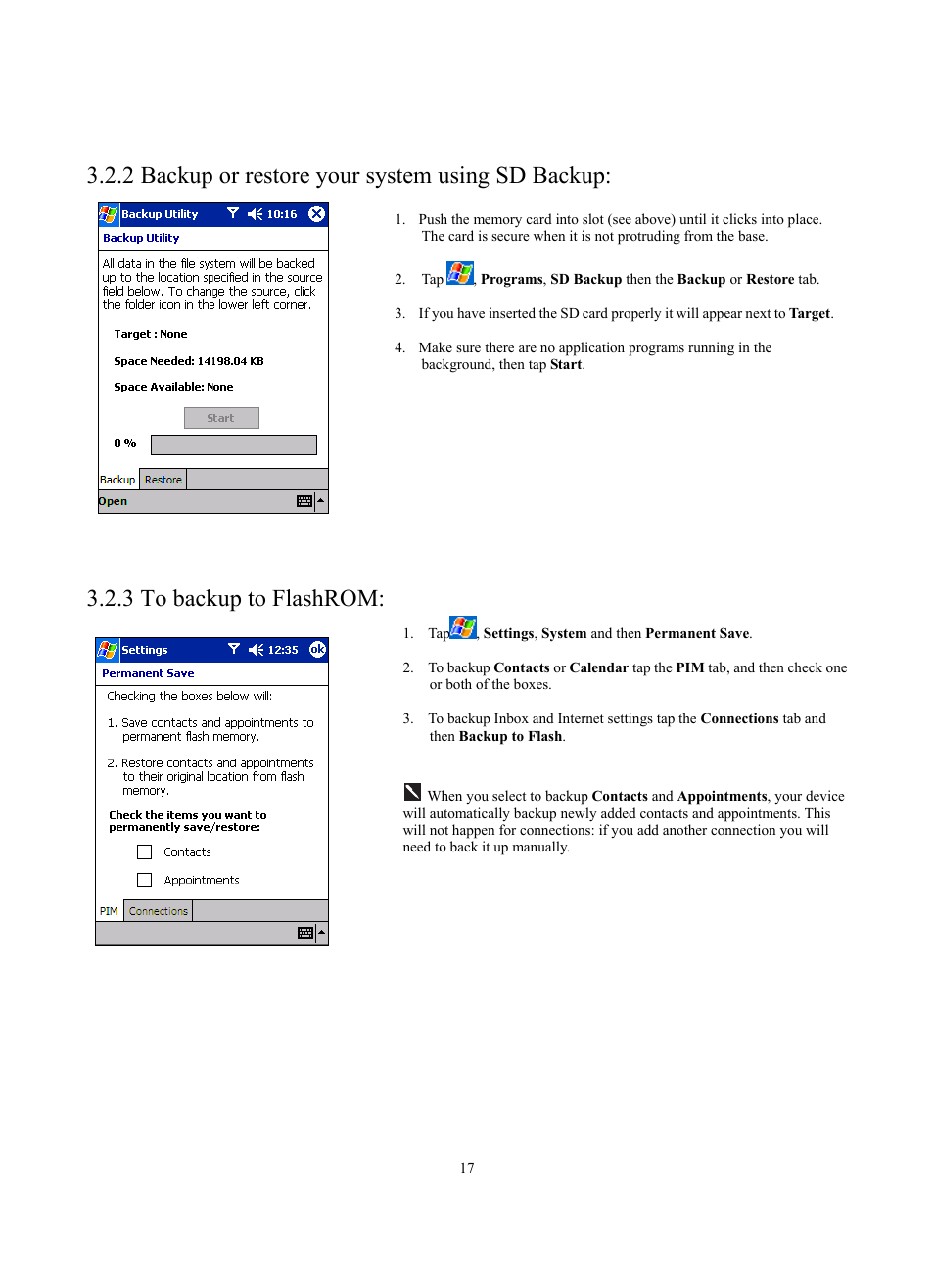 2 backup or restore your system using sd backup, 3 to backup to flashrom | Siemens SX56 User Manual | Page 29 / 138