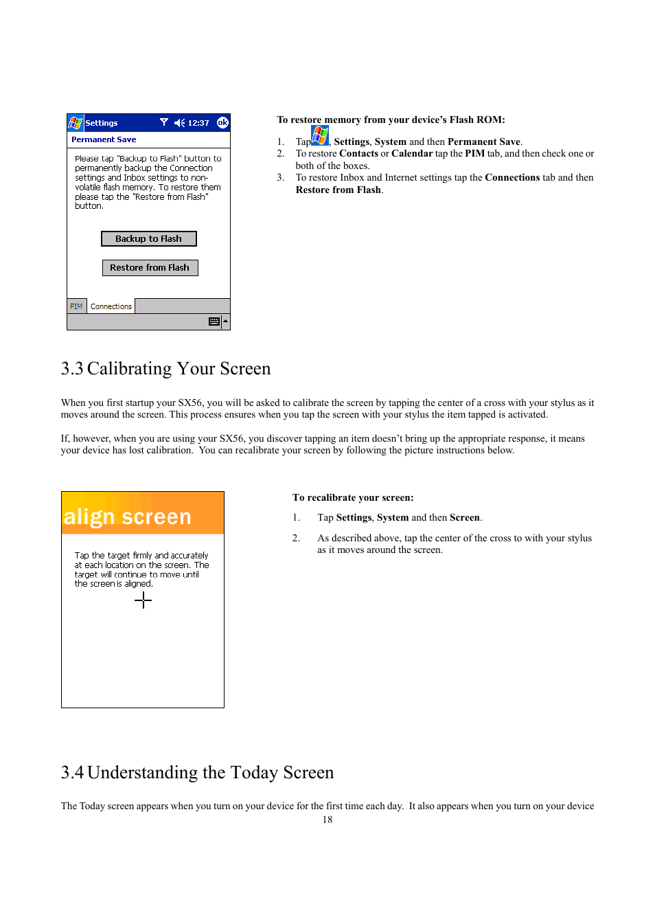 3 calibrating your screen, 4 understanding the today screen | Siemens SX56 User Manual | Page 30 / 138