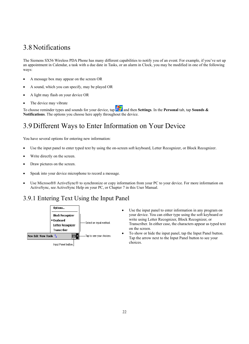 8 notifications, 1 entering text using the input panel | Siemens SX56 User Manual | Page 34 / 138