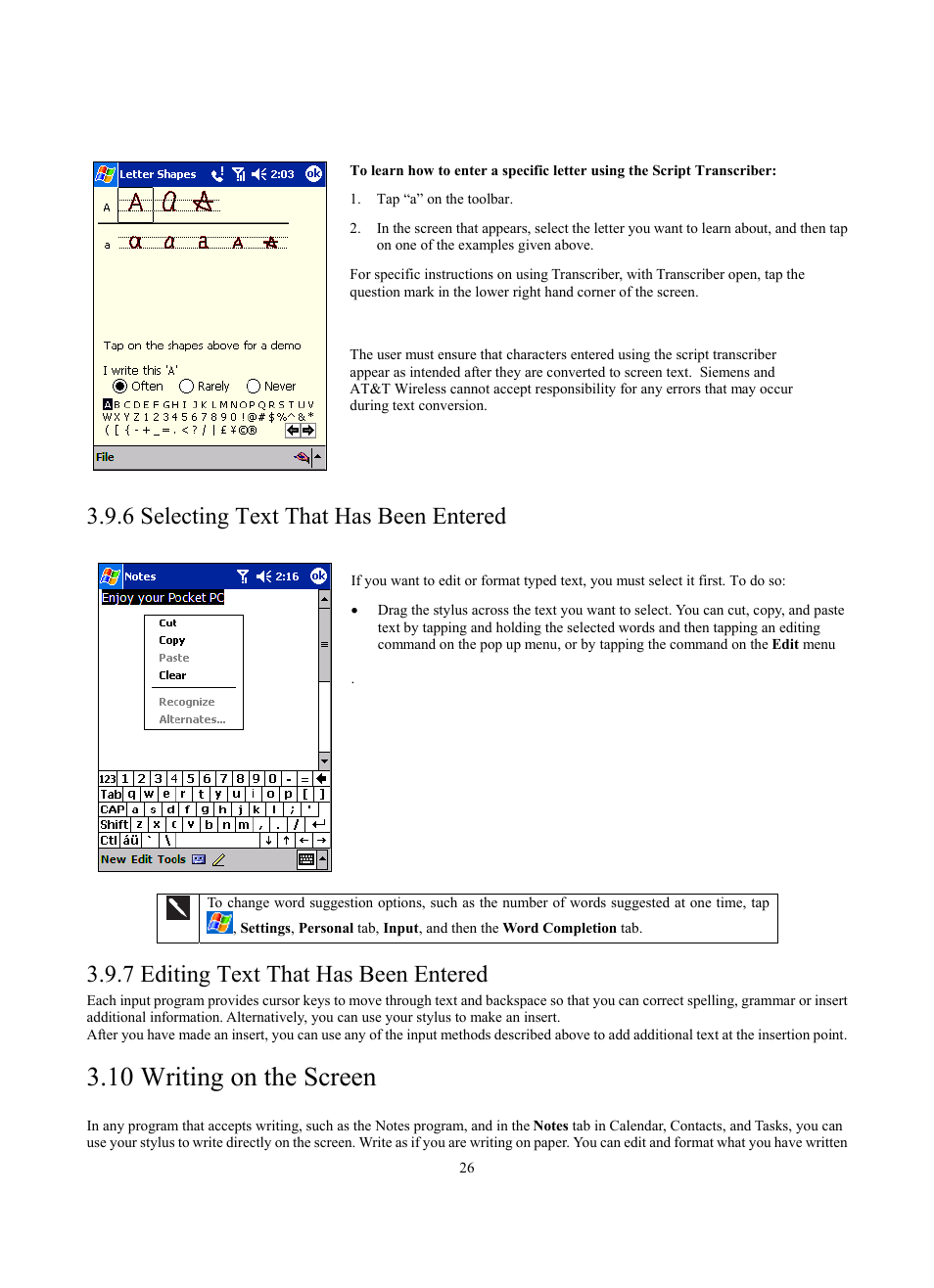 10 writing on the screen, 6 selecting text that has been entered, 7 editing text that has been entered | Siemens SX56 User Manual | Page 38 / 138