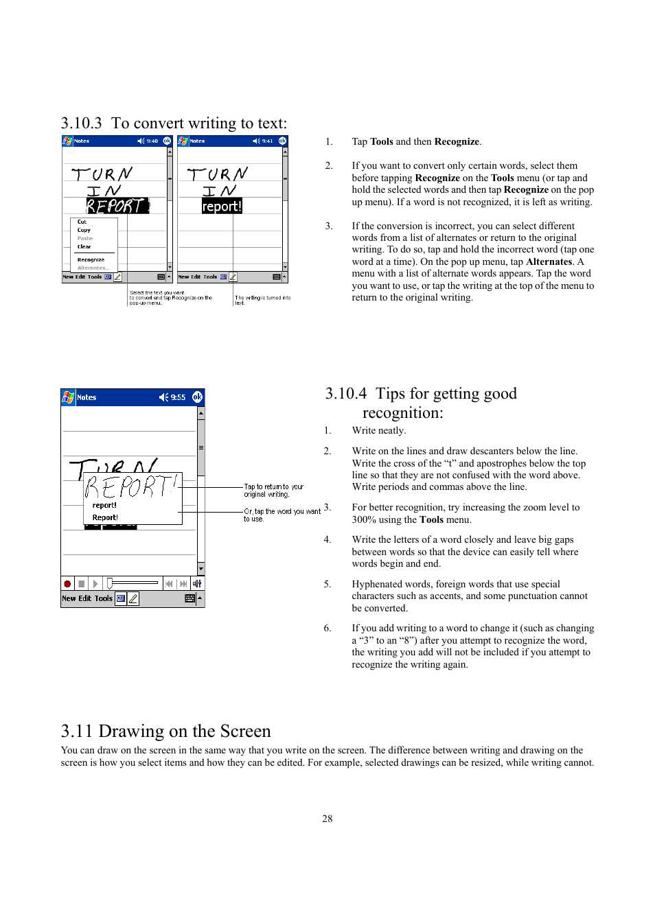 11 drawing on the screen, 3 to convert writing to text, 4 tips for getting good recognition | Siemens SX56 User Manual | Page 40 / 138