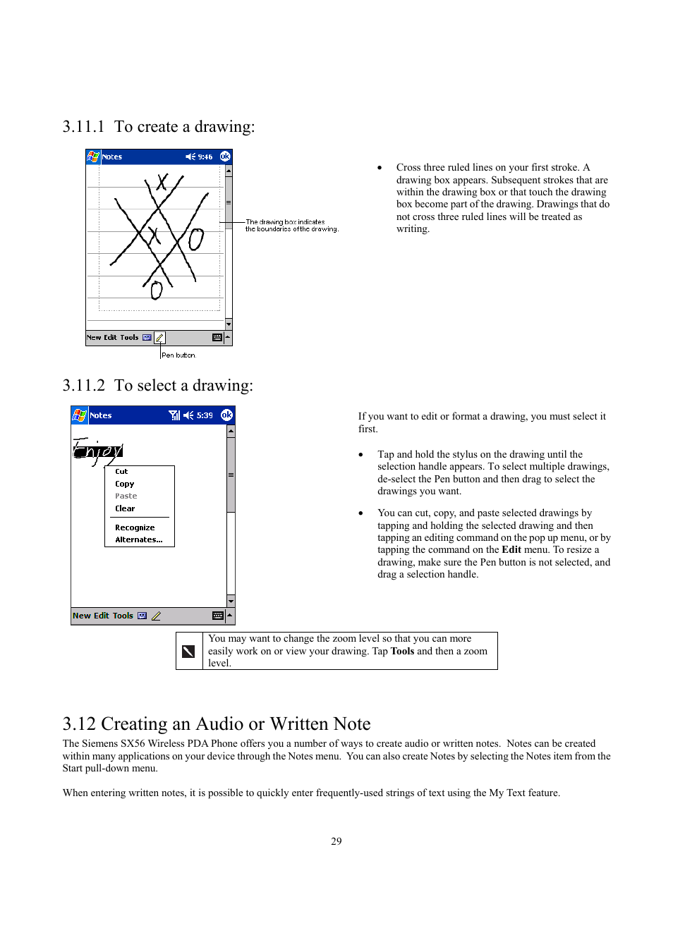 1 to create a drawing, 2 to select a drawing | Siemens SX56 User Manual | Page 41 / 138
