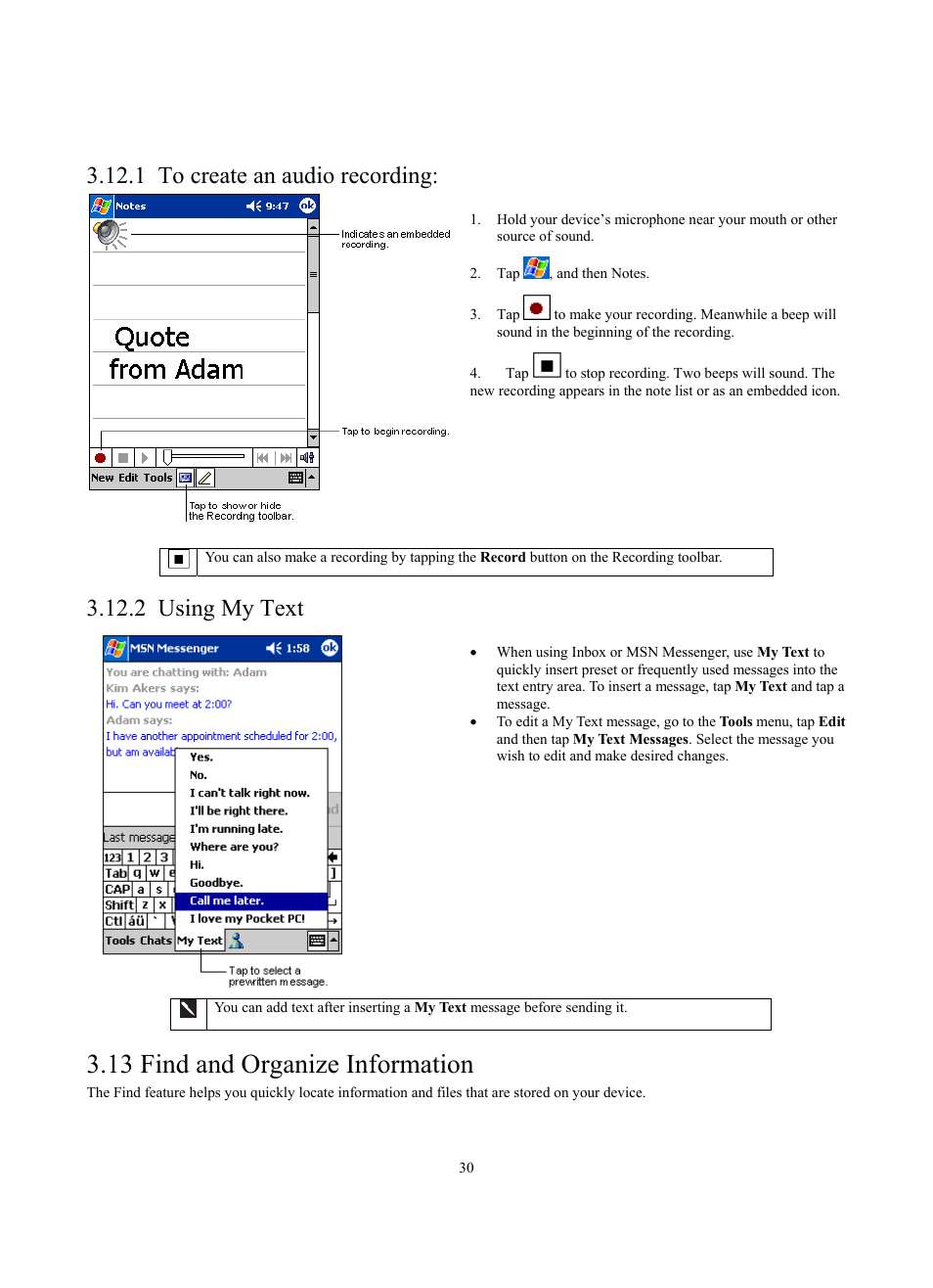 13 find and organize information, 1 to create an audio recording, 2 using my text | Siemens SX56 User Manual | Page 42 / 138