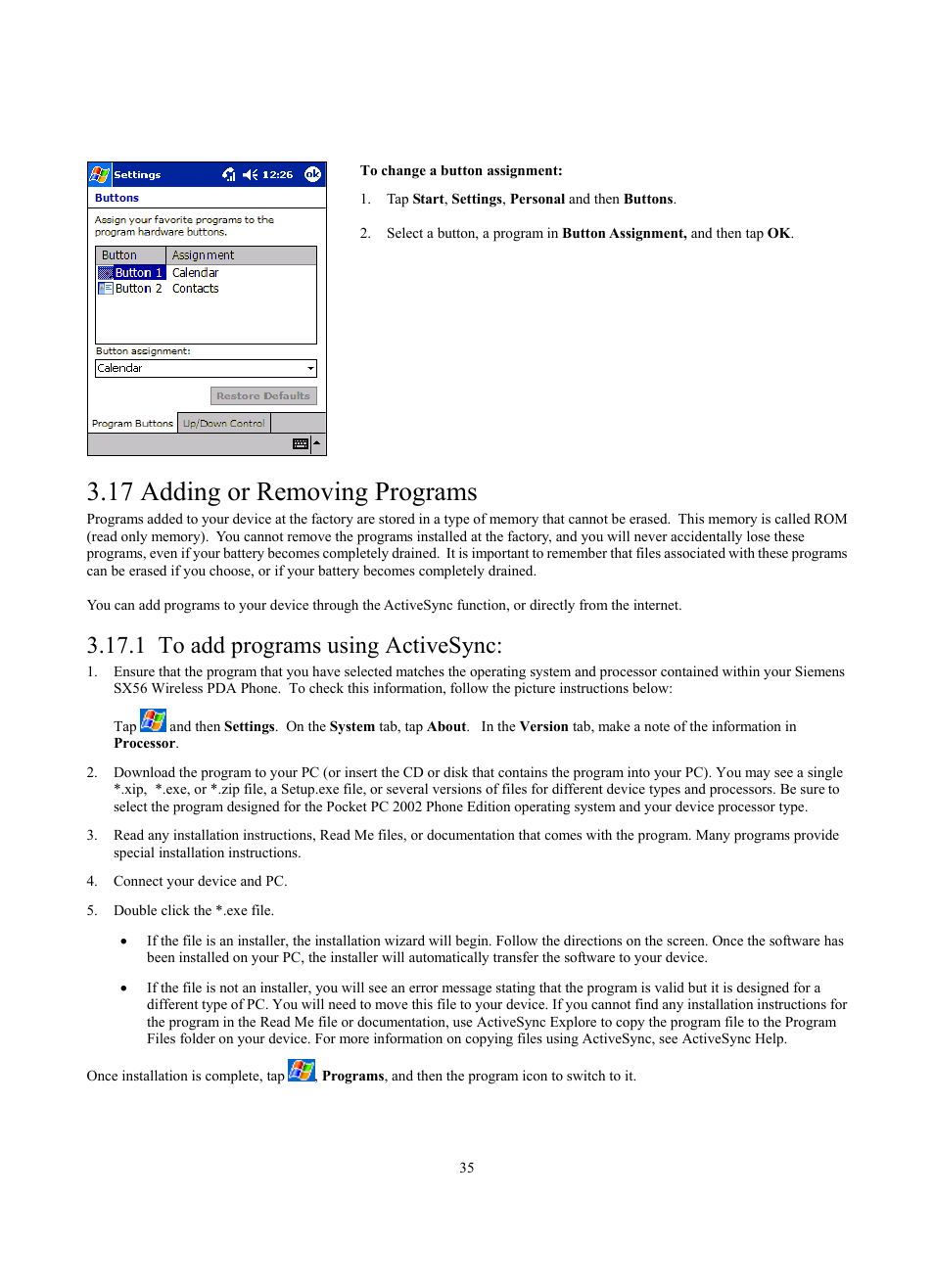 17 adding or removing programs, 1 to add programs using activesync | Siemens SX56 User Manual | Page 47 / 138