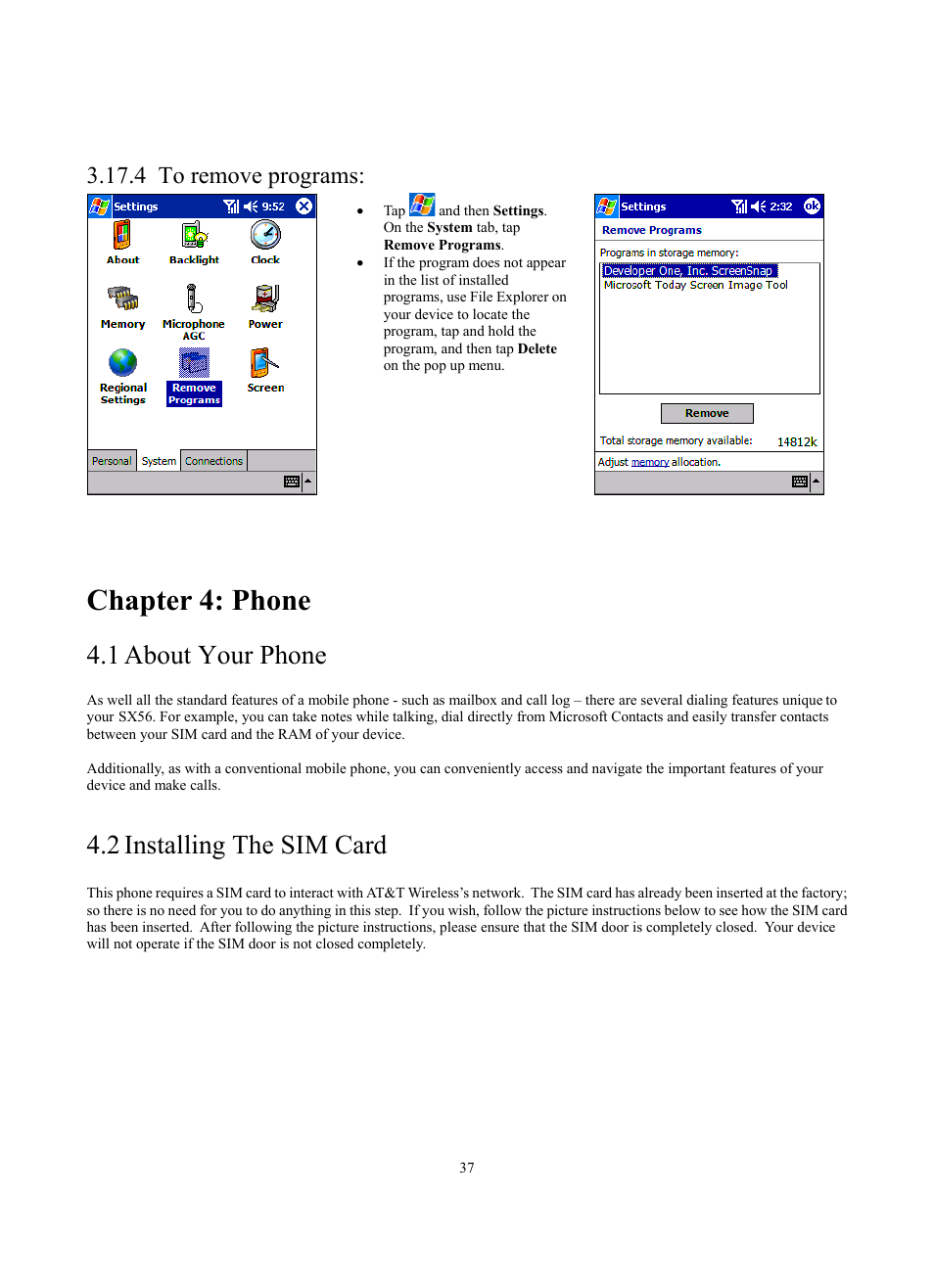 Chapter 4: phone, 1 about your phone, 2 installing the sim card | 4 to remove programs | Siemens SX56 User Manual | Page 49 / 138