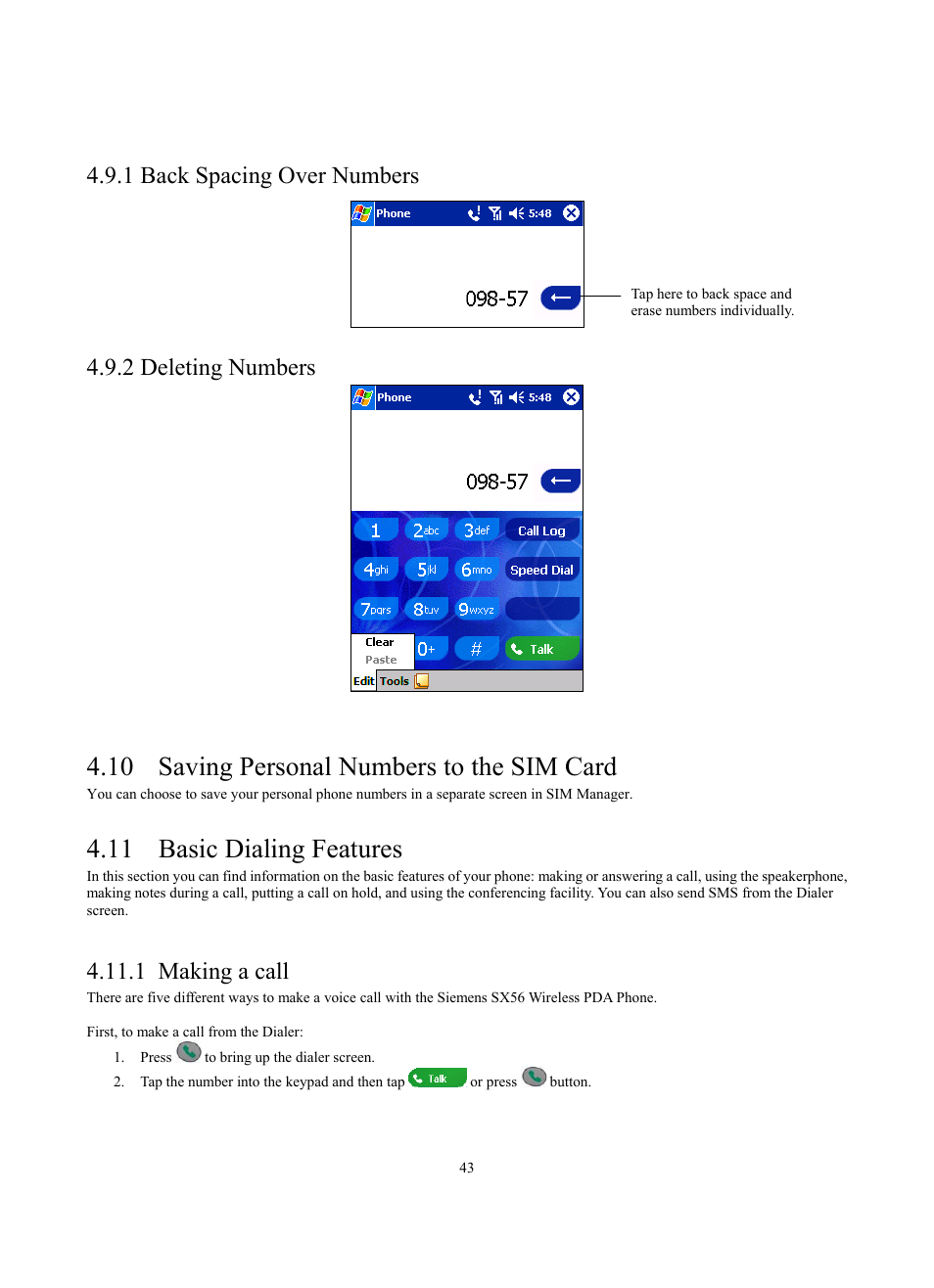 10 saving personal numbers to the sim card, 11 basic dialing features, 1 back spacing over numbers 4.9.2 deleting numbers | 1 making a call | Siemens SX56 User Manual | Page 55 / 138