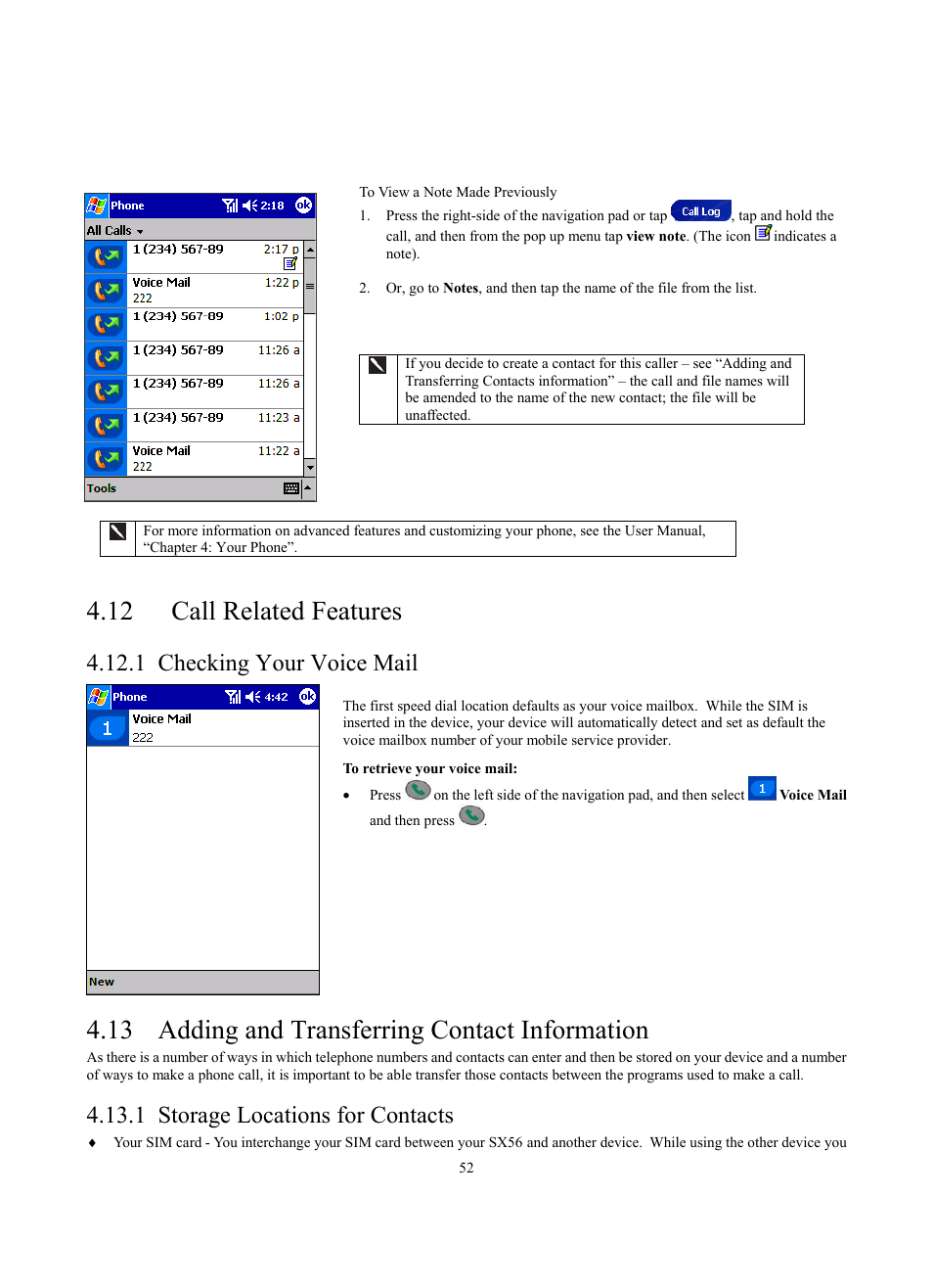 12 call related features, 13 adding and transferring contact information, 1 checking your voice mail | 1 storage locations for contacts | Siemens SX56 User Manual | Page 64 / 138