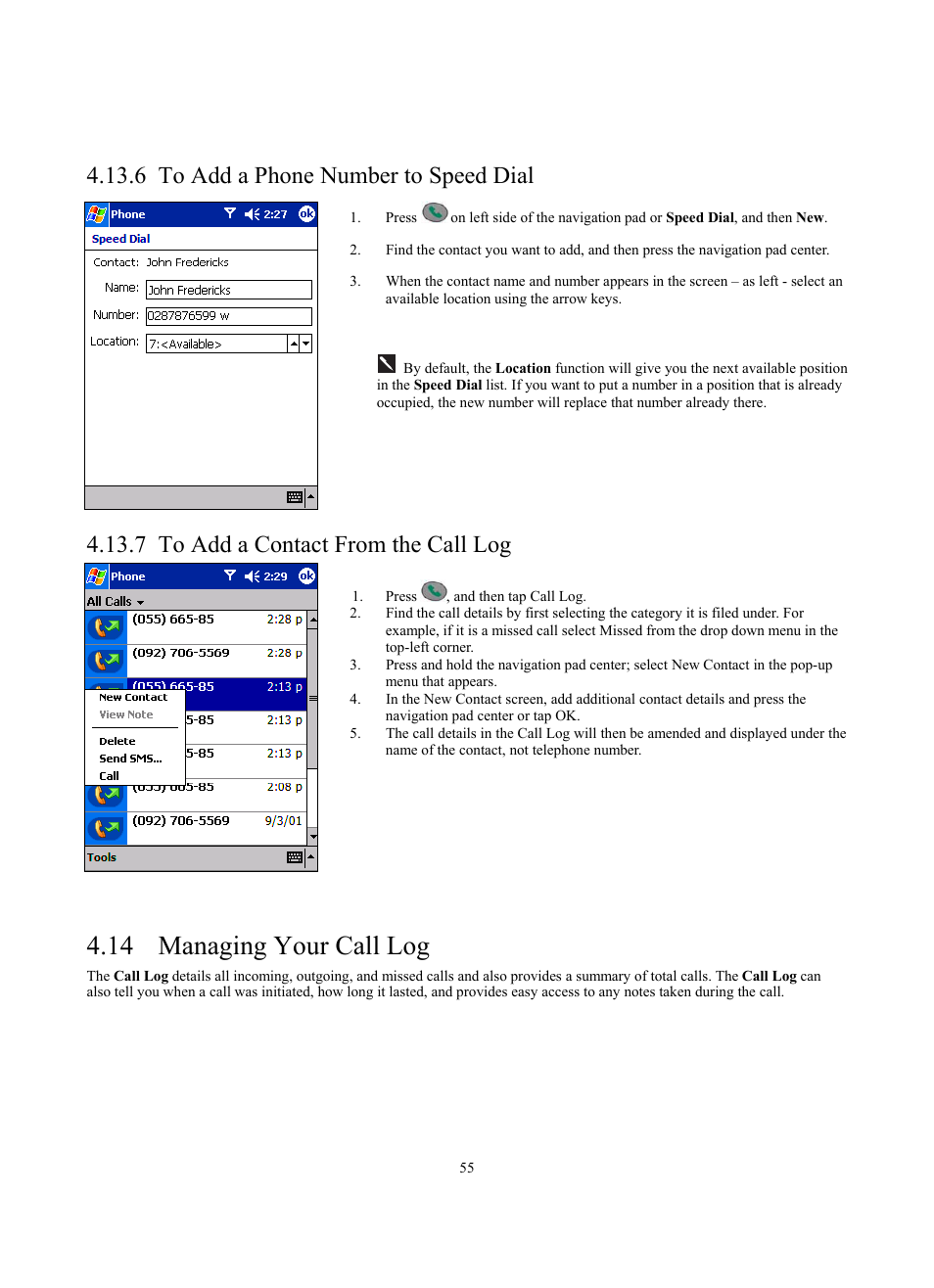 14 managing your call log, 6 to add a phone number to speed dial, 7 to add a contact from the call log | Siemens SX56 User Manual | Page 67 / 138