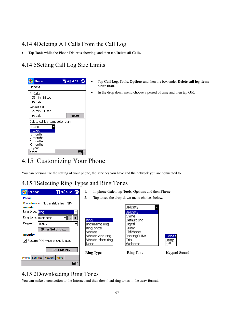 15 customizing your phone, 4 deleting all calls from the call log, 5 setting call log size limits | 1 selecting ring types and ring tones, 2 downloading ring tones | Siemens SX56 User Manual | Page 69 / 138