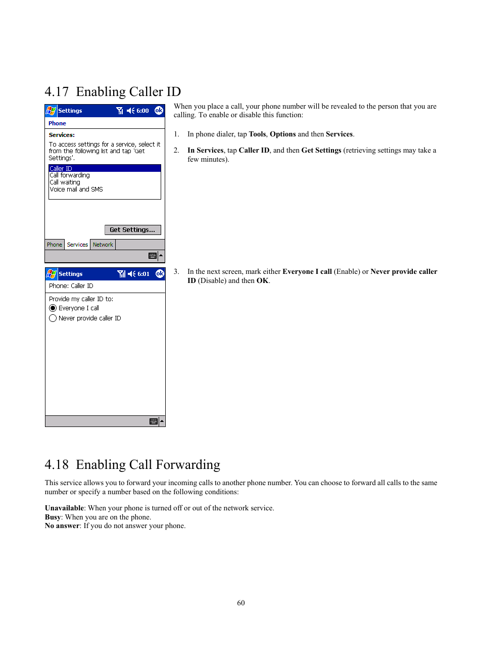 17 enabling caller id, 18 enabling call forwarding | Siemens SX56 User Manual | Page 72 / 138